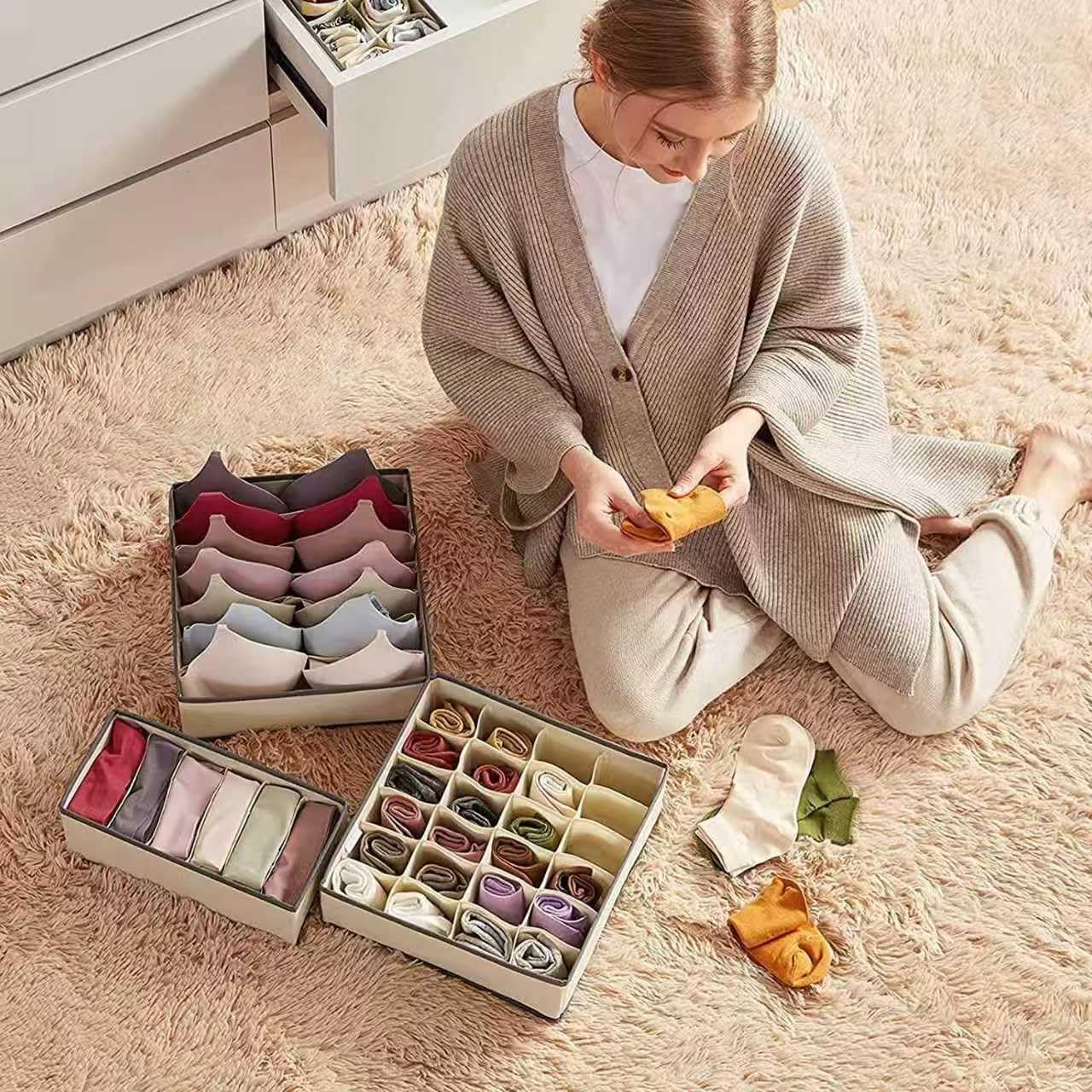 4 Piece Drawer Organiser,Collapsible Non-Woven Sorting Box,Closet Divider For Underwear,Socks,Bras,Ties (Khaki)