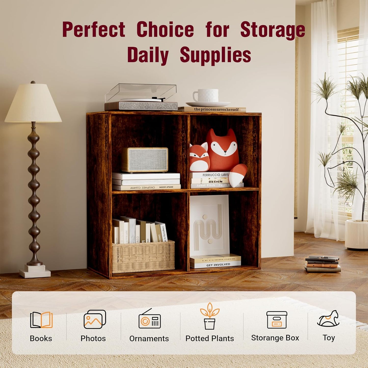 Book Shelf, Wooden Cube Storage Organizer with 11" Open Cubes, Stackable Bookcase for Room Divider Storage, 2 Tier Bookshelf for Living Room, Bedroom, Office (Indonesian Antique Oak, 4-Cube)