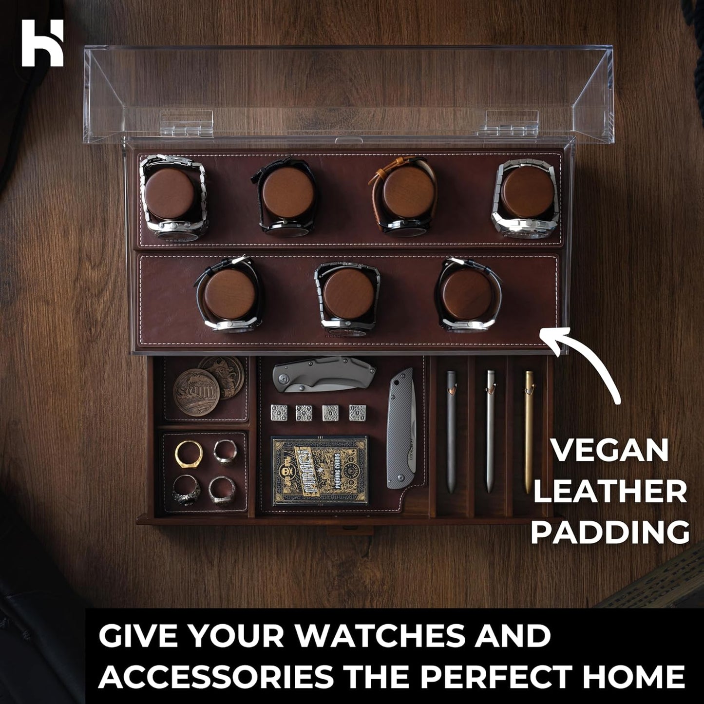 Premium 7 Slot Watch Box for Men - Large Wooden Watch Display Case with Hinged Cover, Leather Lining & Drawer - Watch Holder Organizer Stand - Handcrafted Luxury Christmas Gift for Men