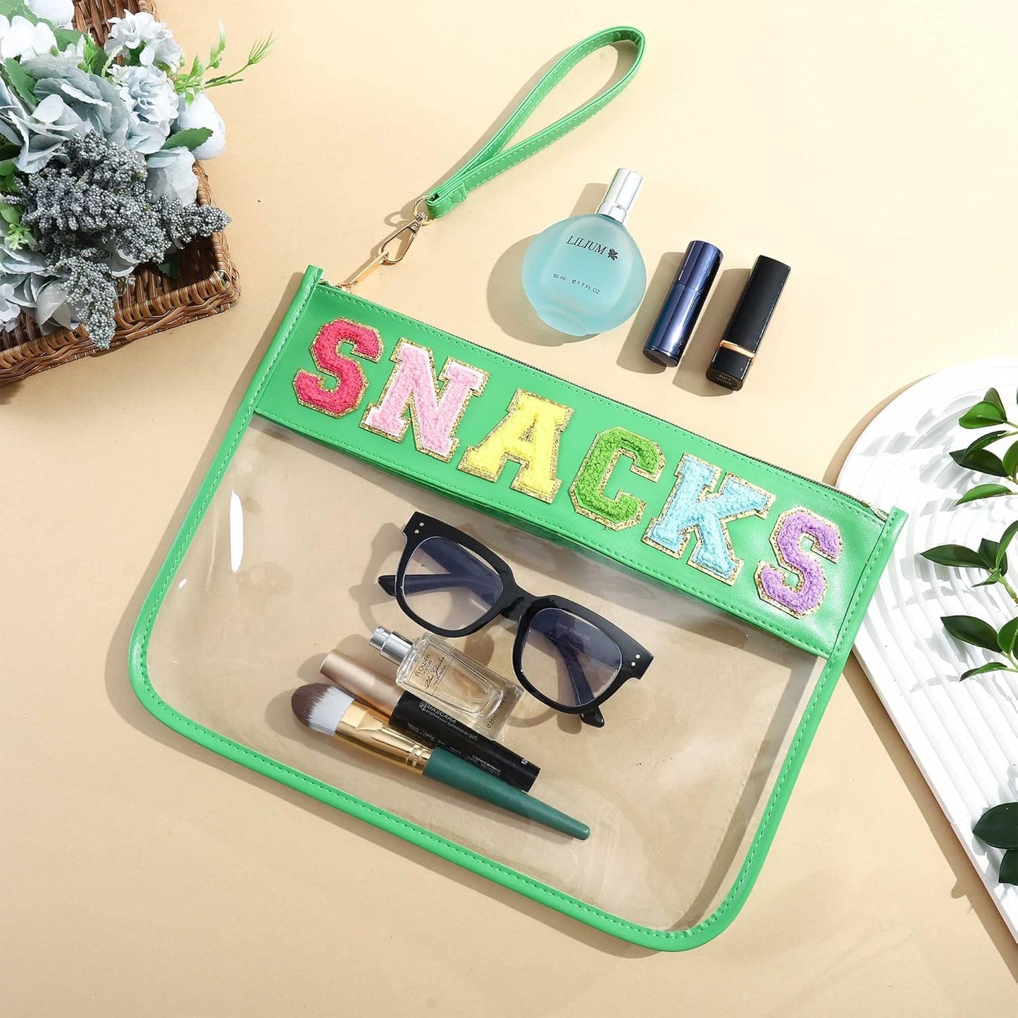TopTTanBo Chenille Letter Clear Bag Purse Multi-purpose Transparent Waterproof Snacks Makeup Tote Bag with Wrist Strap
