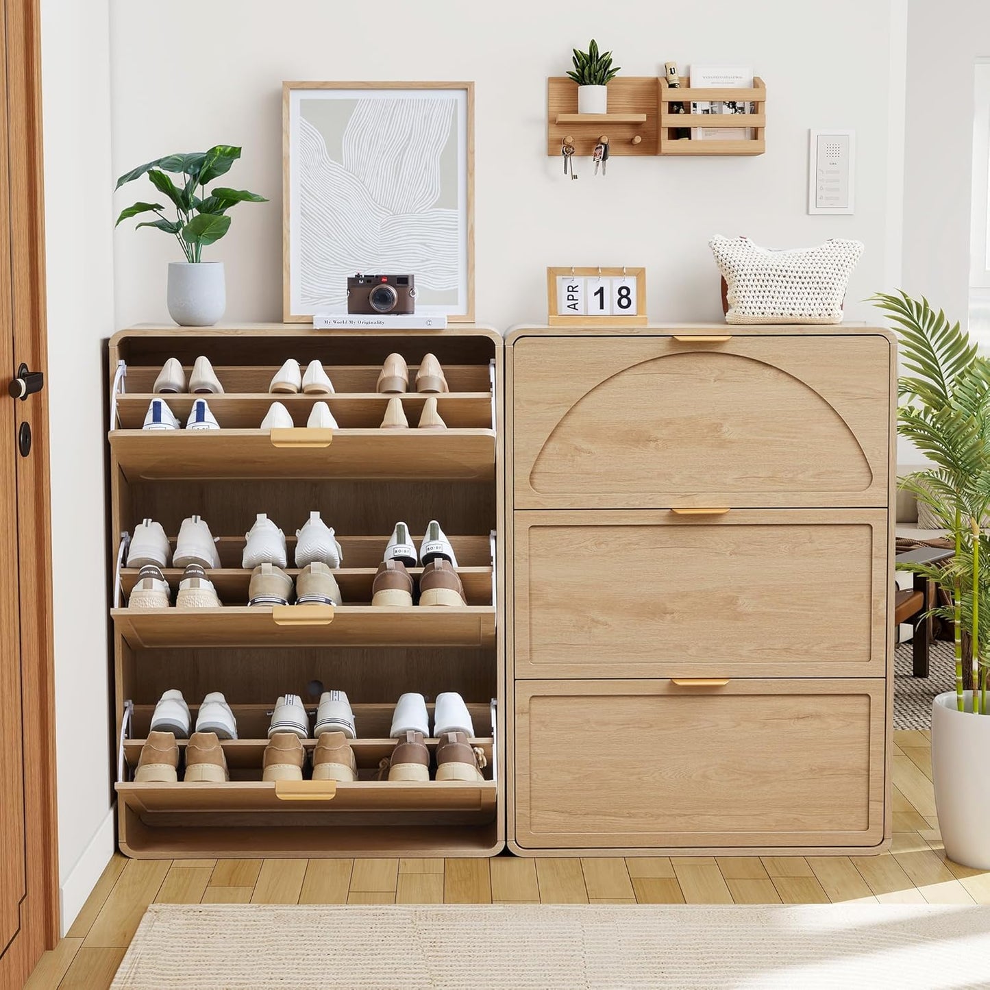 Hidden Shoe Cabinet with Drawer, Free Standing Narrow Shoe Rack Cabinet for Entryway Slim, 3 Flip Drawer Shoe Storage Organizer Cabinet for Entry,Hallway,Door,Dorm,Small Spaces - Natural
