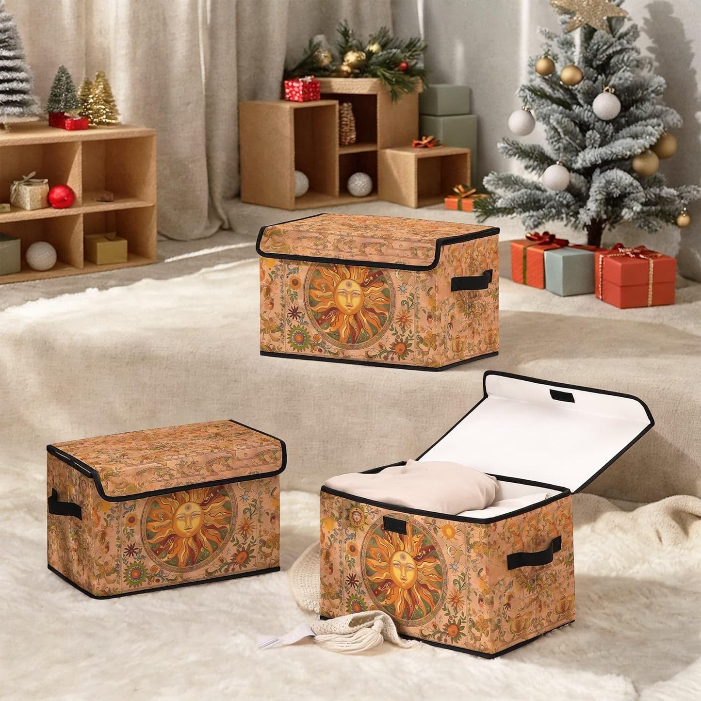 Stackable Clothes Storage Bins with Lids,Closet Organizers Fabric Box for Home and Office,Blanket Clothes Organizers,Under Bed Storage Containers 3 Pack(Sun).