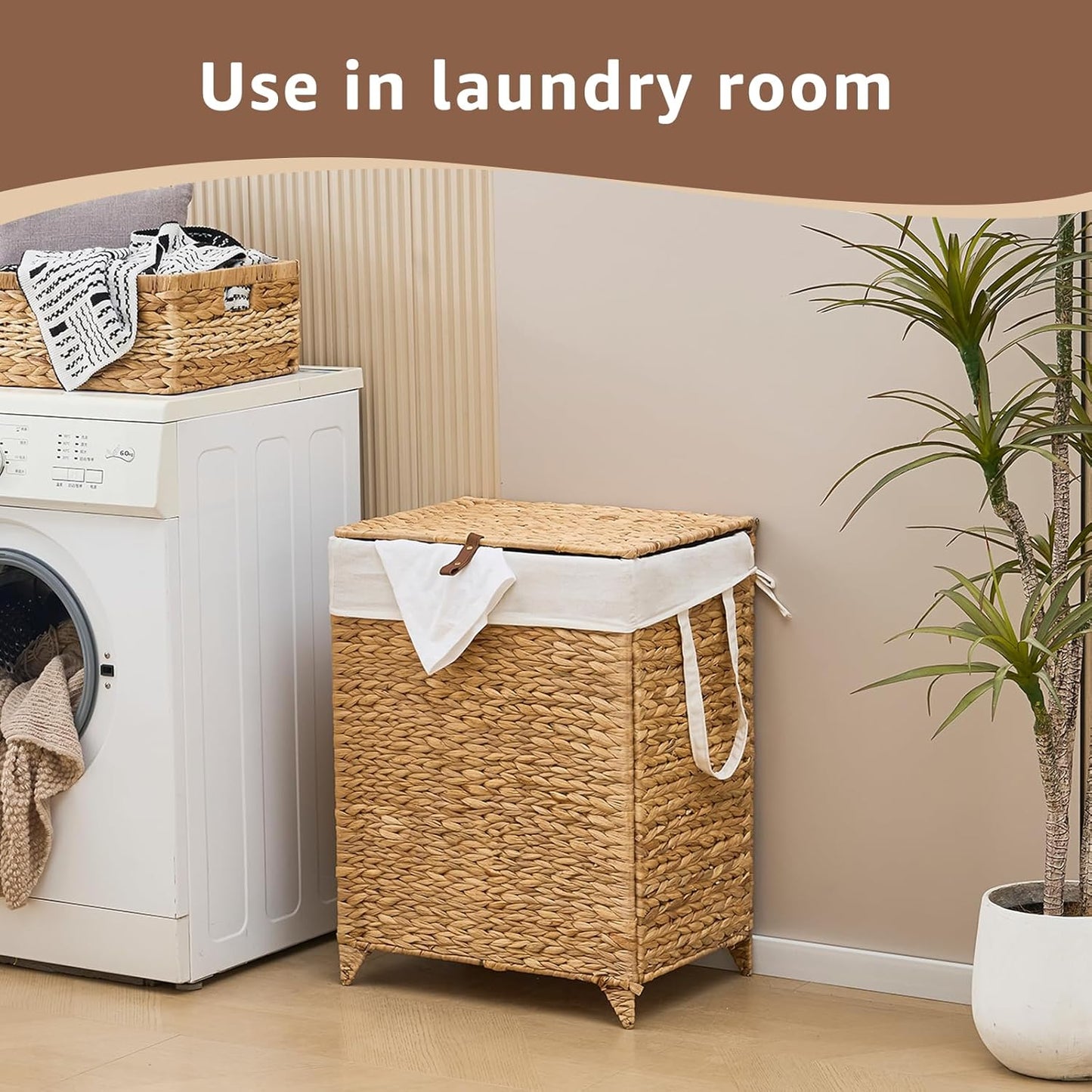 Laundry Hamper with Lid and Removable Liner Bag, Handwoven Natural Hyacinth Clothes Hamper with Heightened Feet, Wicker Laundry Basket for Clothes and Towels,Middle