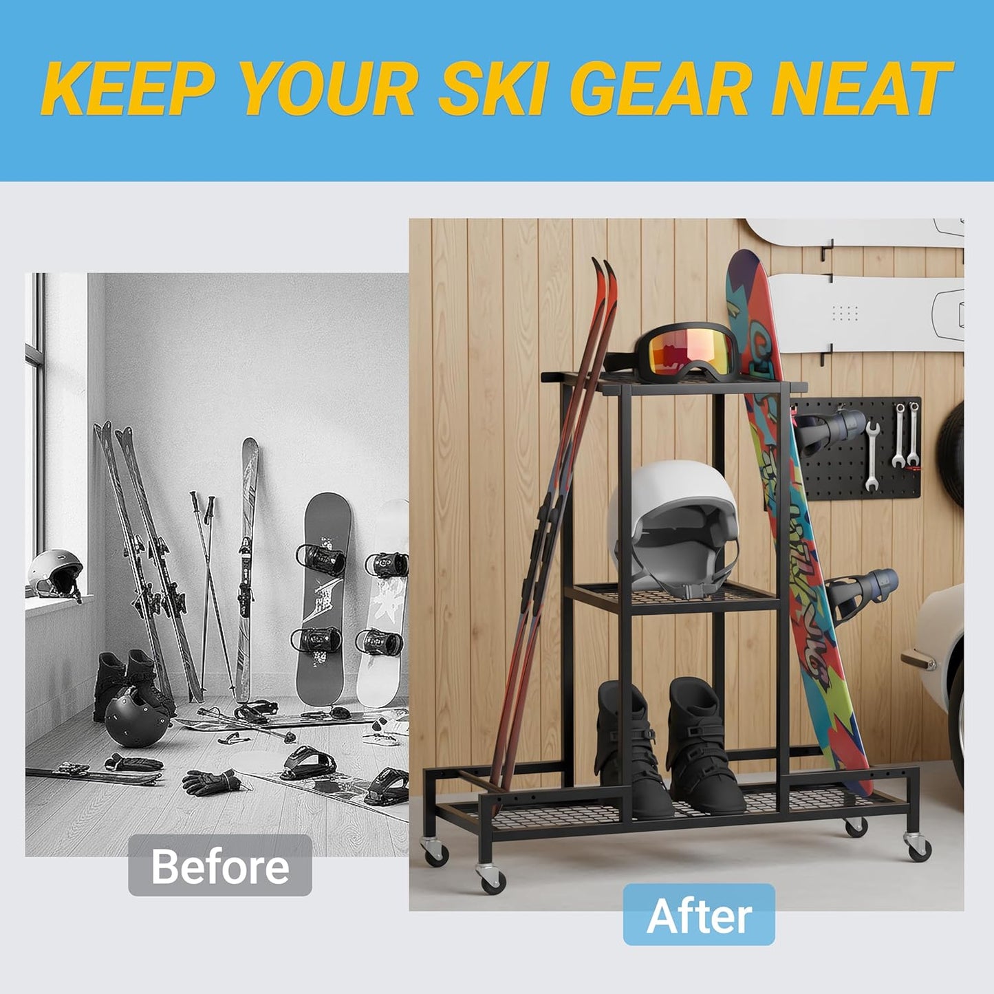 Standing Ski Storage Rack, Holds Snowboards & Skis, 3-Tier Organizer for Gear, Black - Ski Rack for Garage