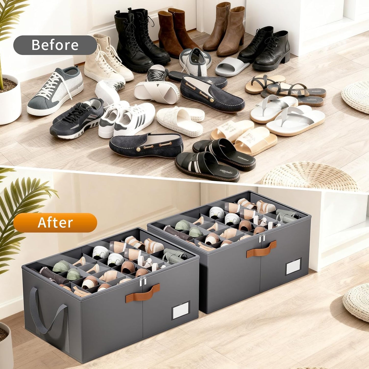 2 Pack Shoe Organizer for Closet, Foldable Shoe Storage Organizer with Clear Cover, Lable and Reinforced Handles, Space Saving Shoes Box Fits up to 20-40 Pairs, Gray