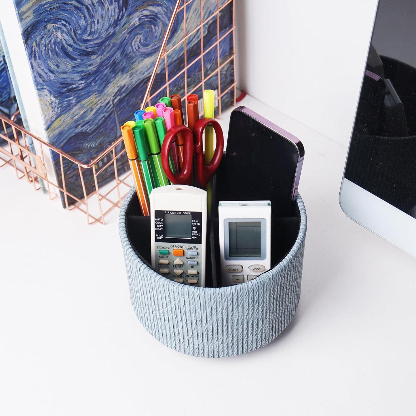 Round Leather Art Supply Organizer,Remote Control Holder,360 Degree Spinning,Multi-Functional Pencil Holder,4 Compartments Desktop Stationary Organizer(1-Wood Blue)