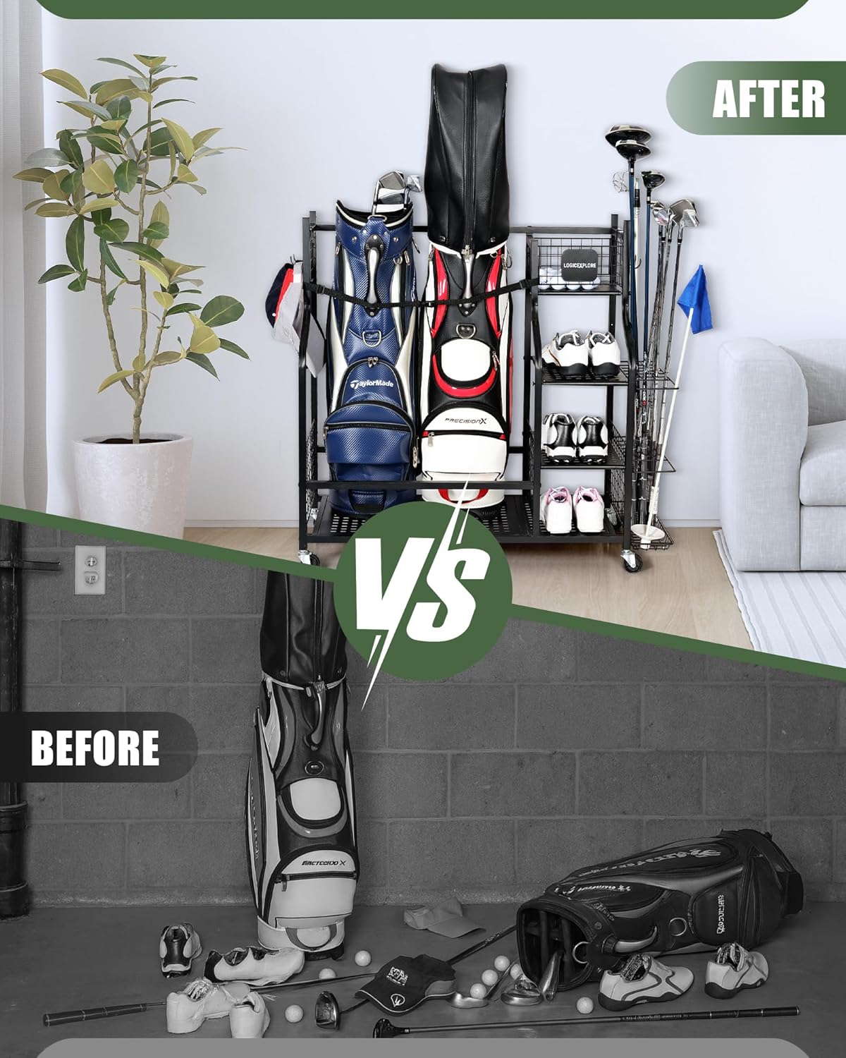 Golf Bag Storage Organizer Rack for Garage, 2 Golf Bag Stand with Rolling Wheels, Heavy-Duty Metal Golf Equipment Organizer for Home, Garage, Clubhouse