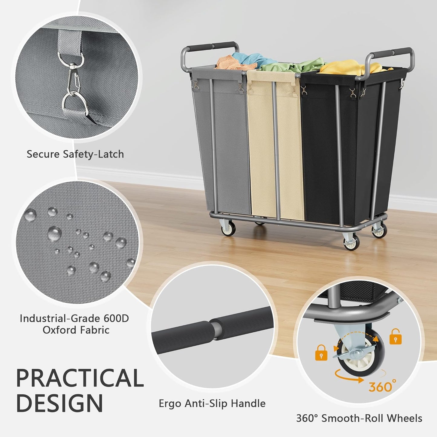 Large laundry hamper with Wheels, 360L 3 Bag Big Rolling Laundry Hamper Sorter Cart, Extra Large Laundry Clothes Hamper, Heavy Duty Laundry Basket Organizer for Laundry Room,Bathroom,Black