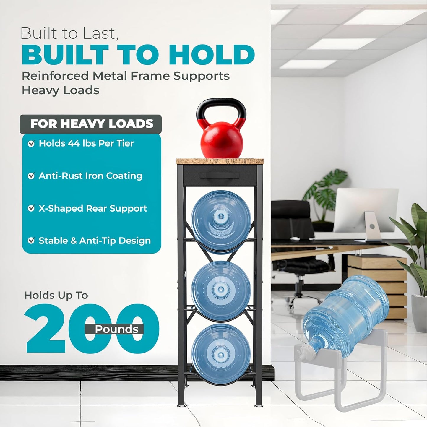 5 Gallon Water Jug Stand & Holder – 3-Tier Water Bottle Rack Organizer with Stainless Steel Stand, BPA-Free Fast-Flow Spout, Heavy-Duty Wood Top Shelf for Kitchen & Office