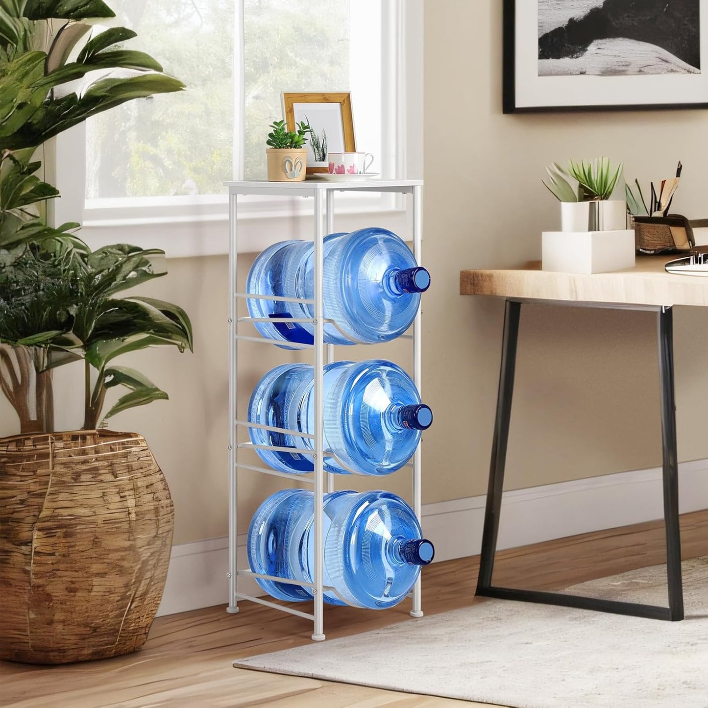 OYEAL 5 Gallon Water Bottle Jug Holder 3-Tier Water Bottle Holder Organizer with Top Shelf, Heavy Duty Water Dispenser Stand Rack for Kitchen Living Room Office, White