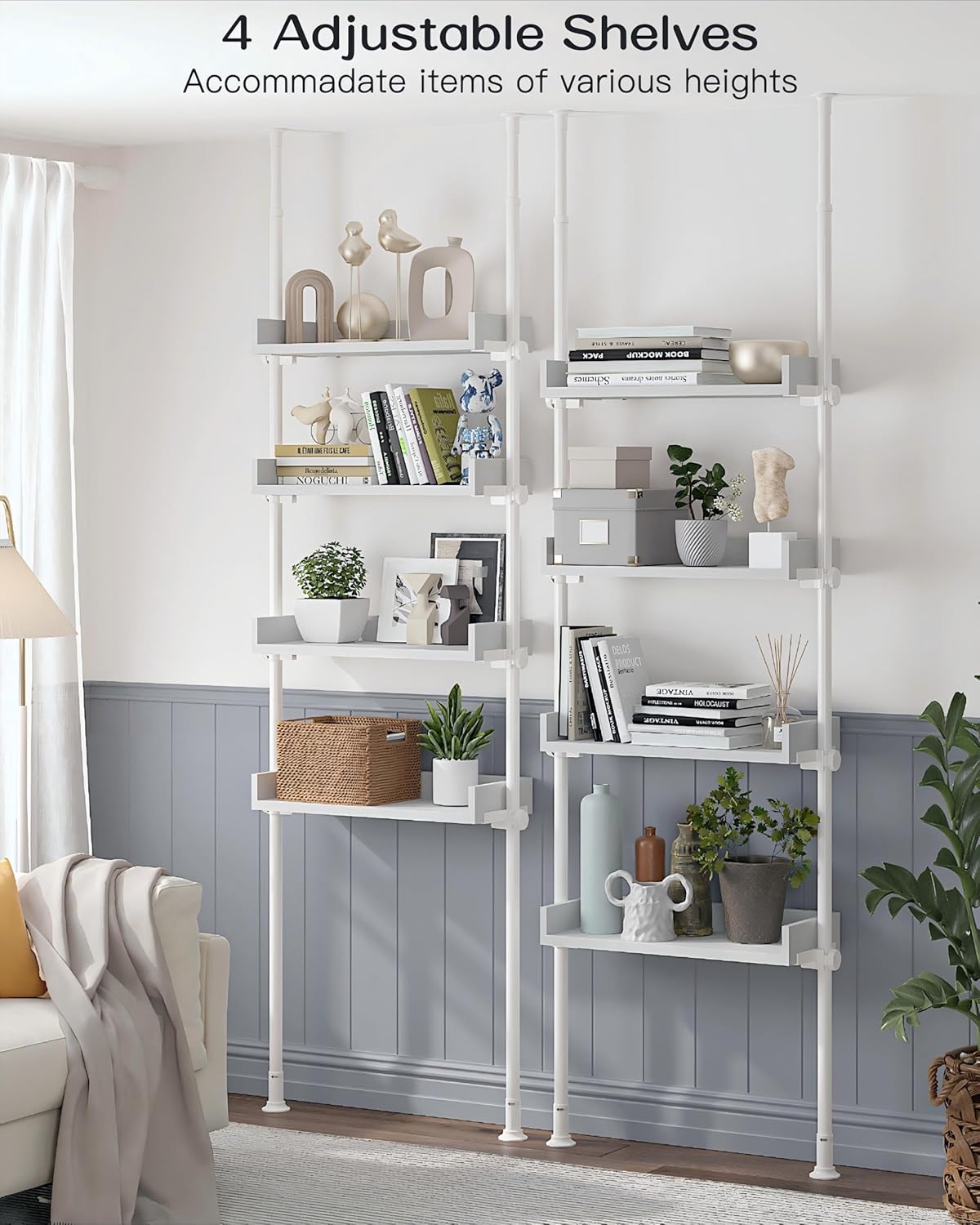 ALLZONE 4 Tier Over The Toilet Storage, Adjustable Wood Over Toilet Bathroom Organizer, Freestanding Shelves, Fit Most Showers Over The Toilet Shelf, 92 to 116 Inch Tall, White