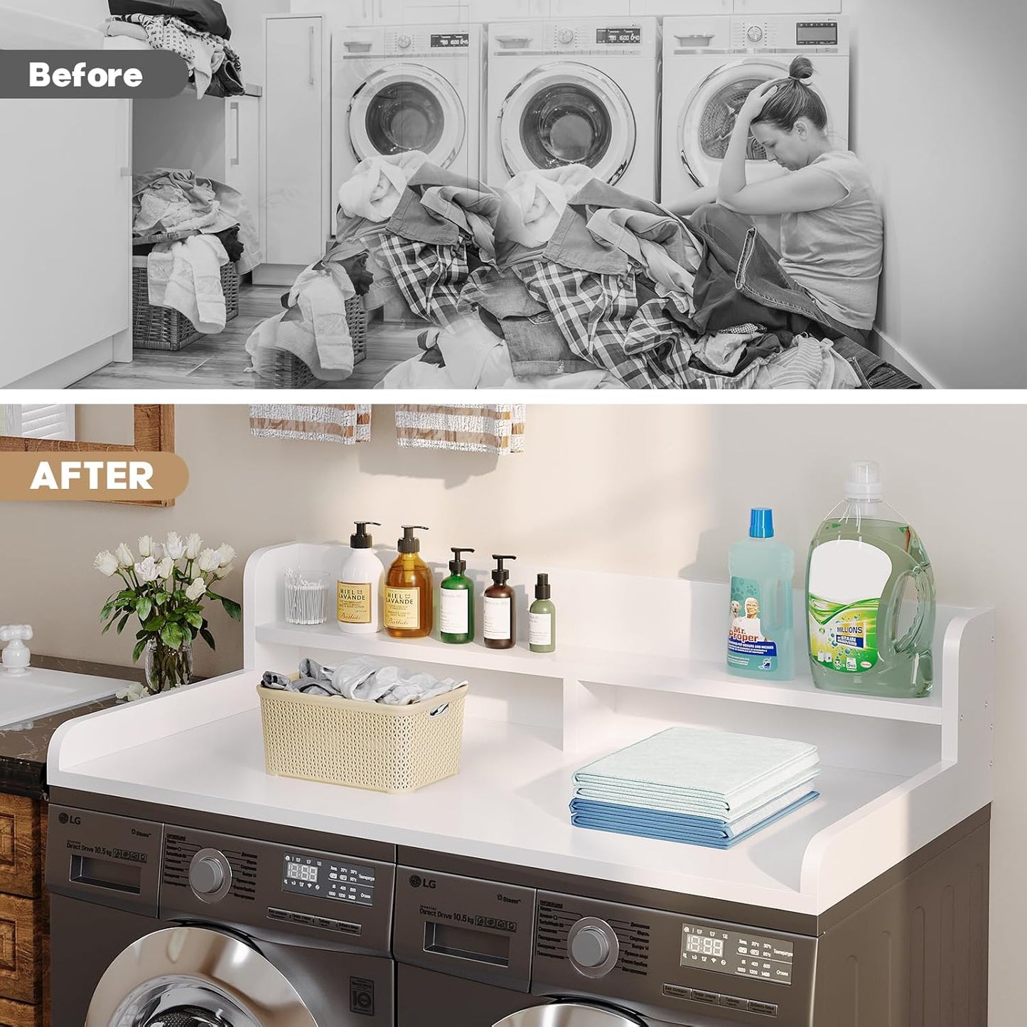 2-Tier Washer Dryer Countertop with 2.75"H Edge Rails, 54" W x 27.55" D Laundry Countertop for Folding Clothes, Washer and Dryer Topper with Non-Slip Pad (White)