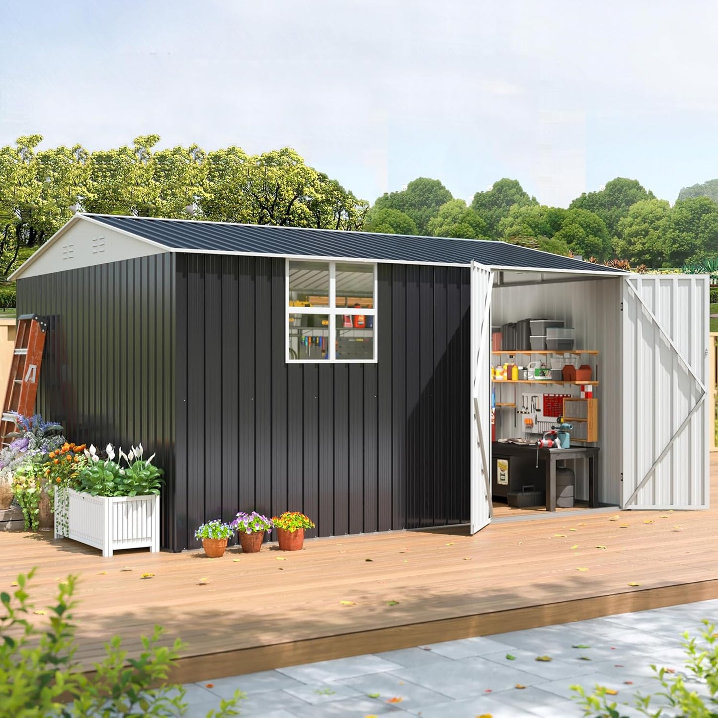 10x12 FT Outdoor Metal Storage Shed with Window, Large Lockable Metal Garden Tool Shed with Heavy-Duty Frame for Backyard, Patio, and Lawn, Black