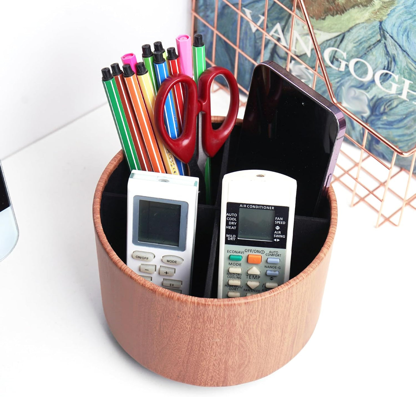 Round Leather Art Supply Organizer,Remote Control Holder,360 Degree Spinning,Multi-Functional Pencil Holder,4 Compartments Desktop Stationary Organizer(1-Thin Wood Ligh Brown)