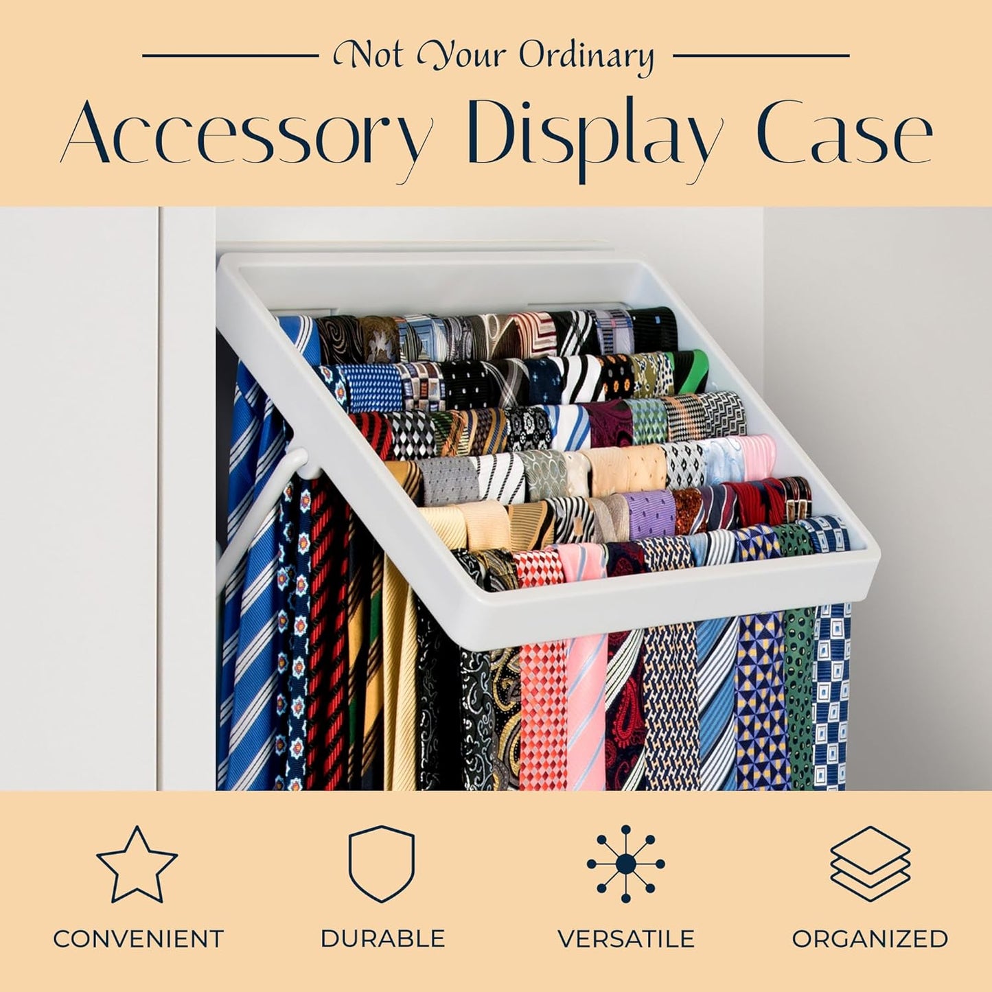 TieMaster Tie Rack and Scarf Organizer, Battery-Free Design, Holds 60 Ties and Scarves with 5 Belt Hooks, Easy Installation, Wall Mounted Tie Organizer, for Men & Women