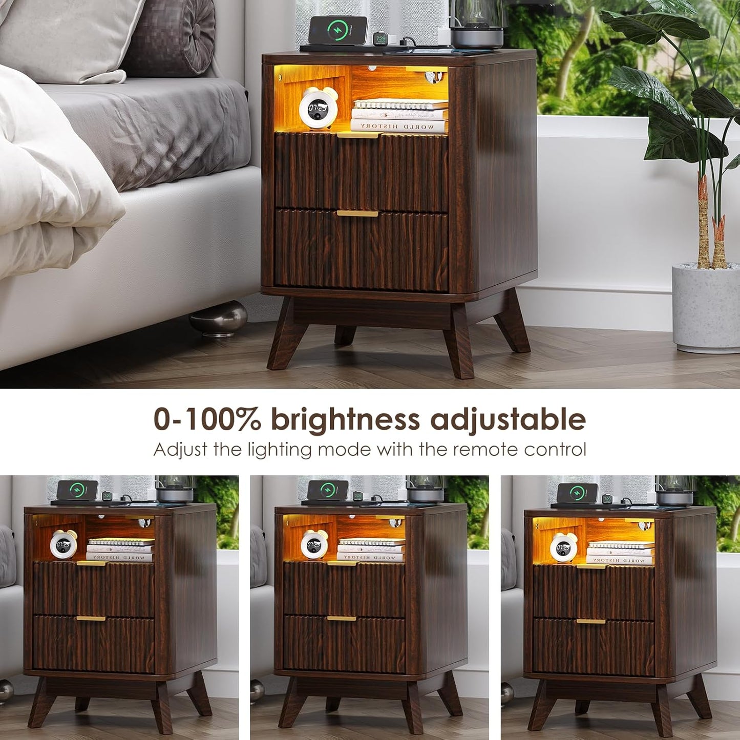 Nightstand with Charging Station, Fluted Nightstand with LED Lights, Modern Rustic Side Table with 2 Storage Drawers, Wooden End Table for Bedroom, Walnut