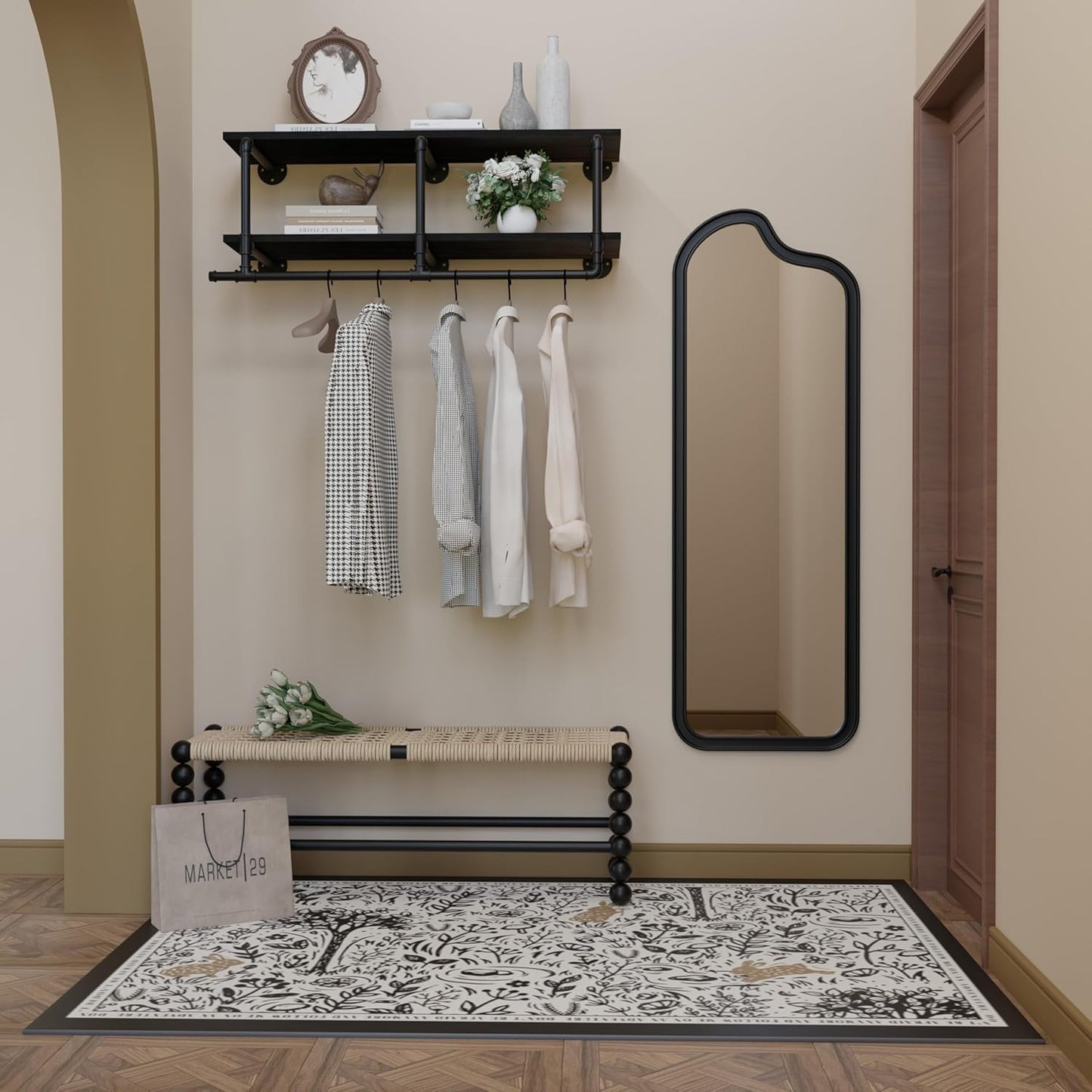 Wall Mounted Clothes Rack 12 Inch Deep, 42in Heavy Duty Garment Rack with Real Black Wood Shelf, Multi-Purpose Hanging Rod & Space-Saving Closet Storage Organizer