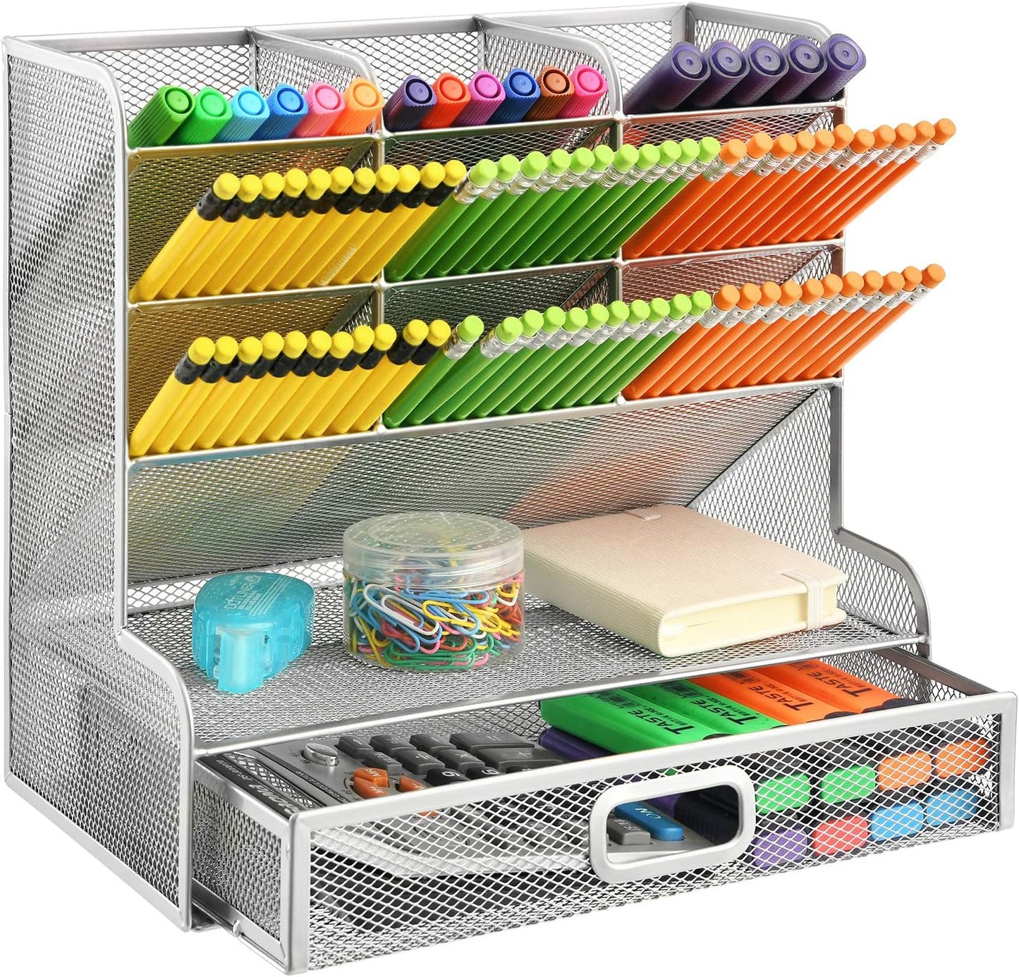 Marbrasse Larger Mesh Desk Organizer with Drawer, Multi-Functional Pen Pencil Holder, Desk Organizers and Accessories for Office Art Supplies (Silver Mesh Pen Holder with Drawer)