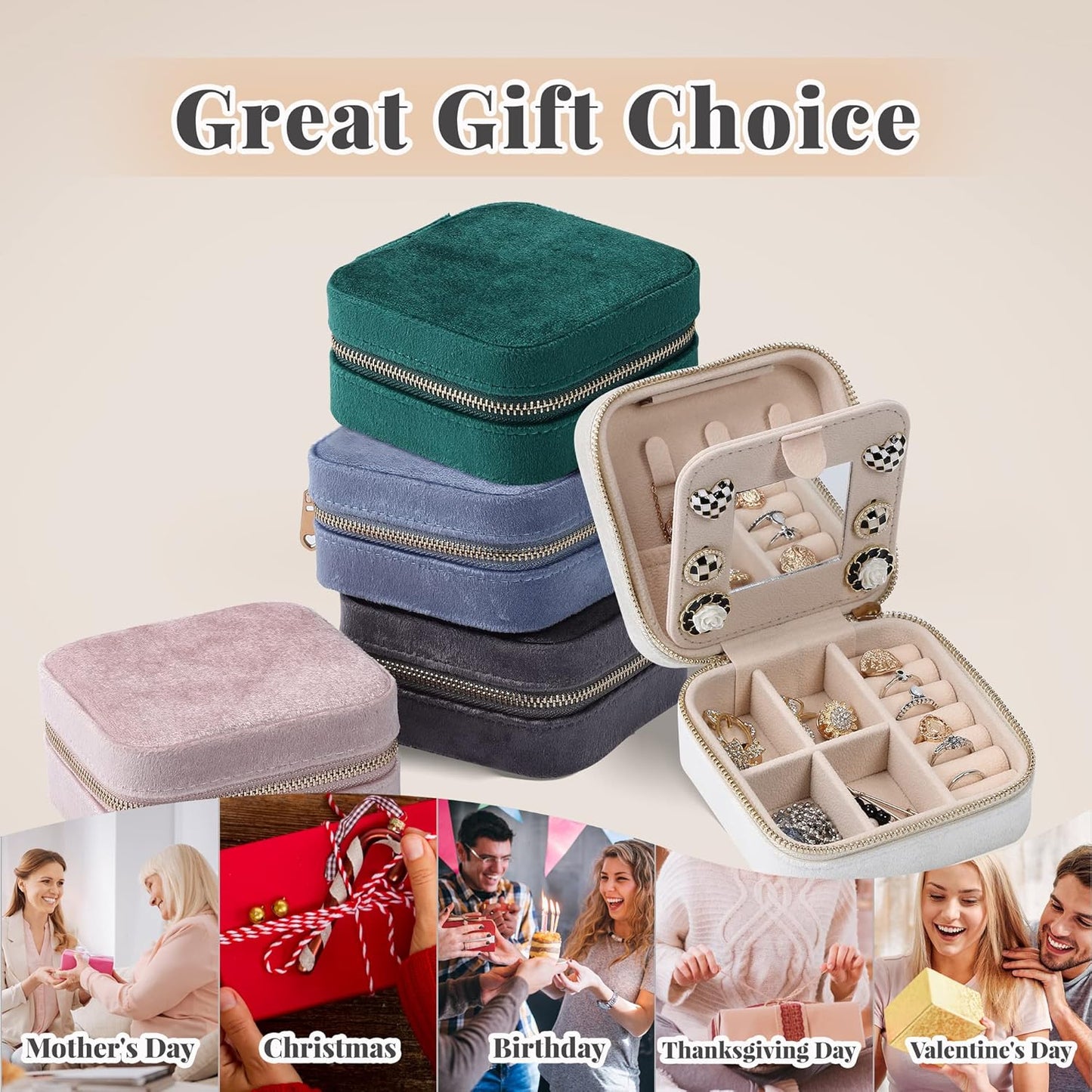 Dajasan Velvet Jewelry Box, Mini Travel Jewelry Case, Portable Travel Jewelry Organizer with Mirror for Birthday Mother's Day Valentine's Day(Beige)