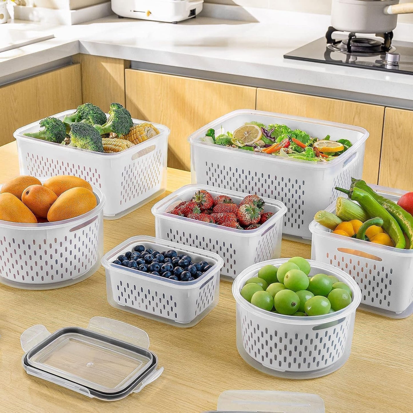 Freshmage Fruit Storage Containers for Fridge with Removable Colander, Airtight Food Storage Container, Dishwasher Safe Produce Saver for Refrigerator, Keep Berry Fruit Fresh Longer 6 pcs Large Clear