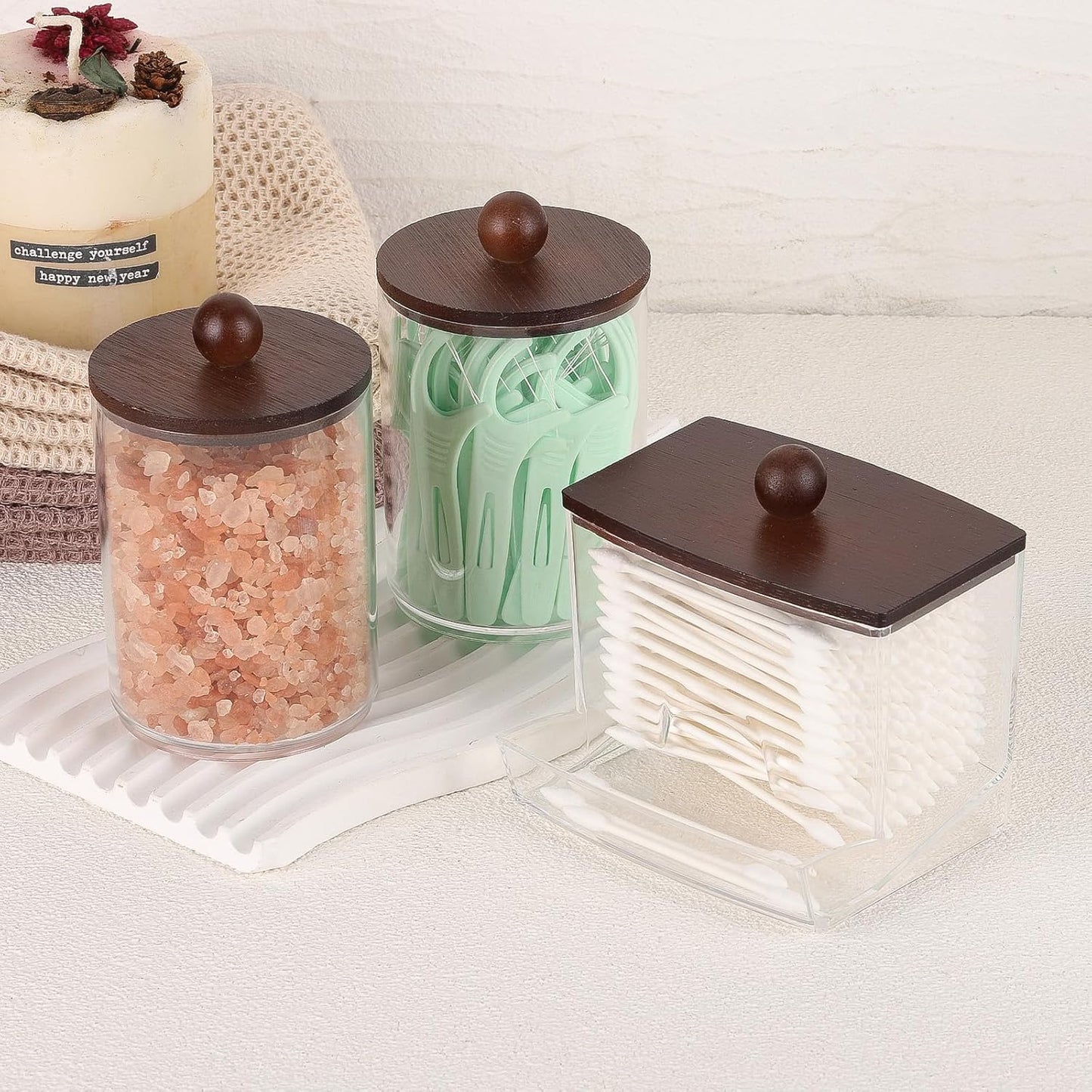 Tbestmax Qtips Holder Dispenser, 10 Cotton Ball/Swabs Storage Containers, Apothecary Jars for Bathroom Organizer Bambooo Lids