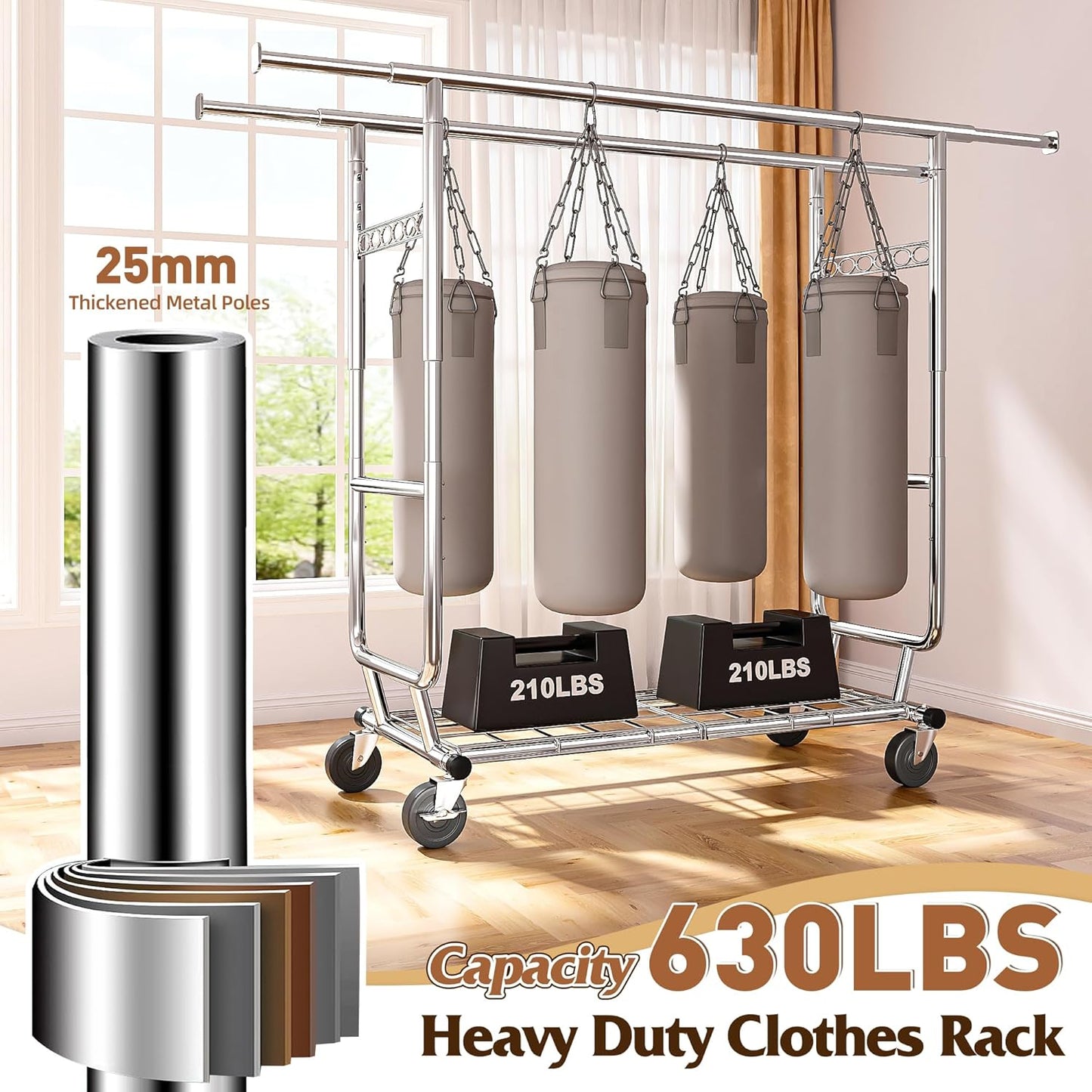 Raybee Clothes Rack Load 630LBS, Heavy Duty Clothes Rack, Rolling Clothing Racks for Hanging Clothes with Wheels, Adjustable & Commercial Garment Rack, 22" D x 75" W x 68" H