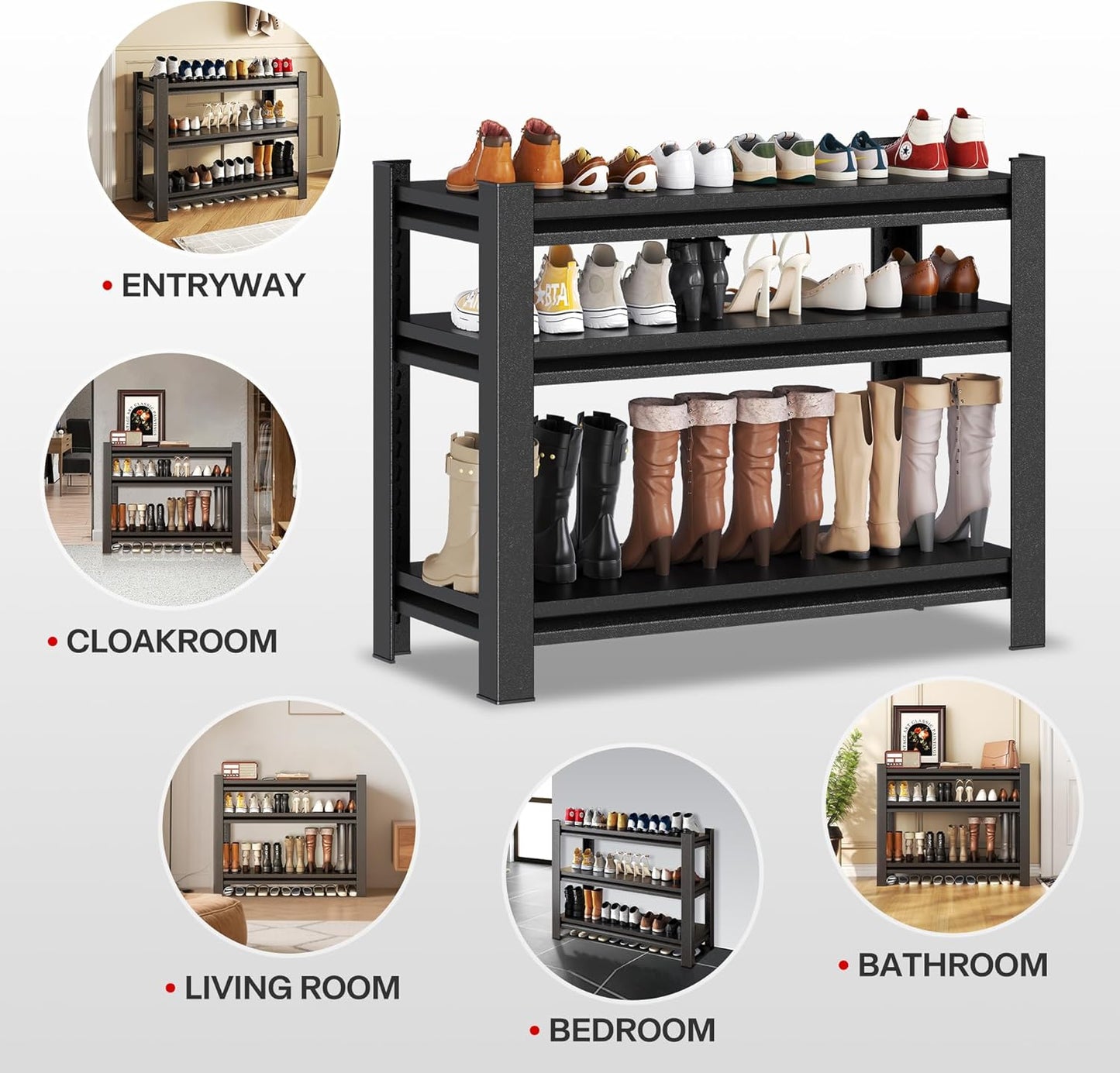 Storage Shelves, Garage Metal Shelving Unit, Adjustable, Double-Layer Column with Reinforced Ribs, Heavy-Duty, Capable of Bearing 600-3600 lbs (Black, 32 * 32 * 12, 3-Tier)