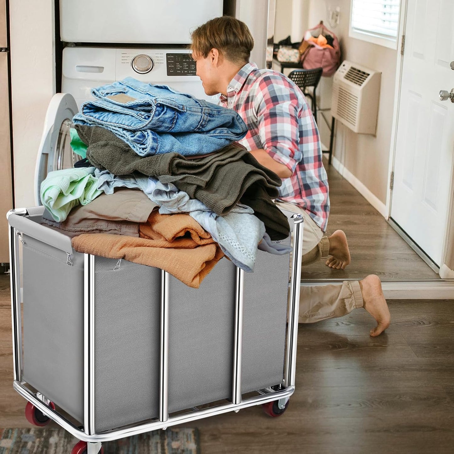 Commercial Laundry Cart on Wheels, 11.35 Bushels Large Roller with Removable Waterproof Canvas Lined Basket, Heavy Duty Stainless Steel for Hotels and Hospitals