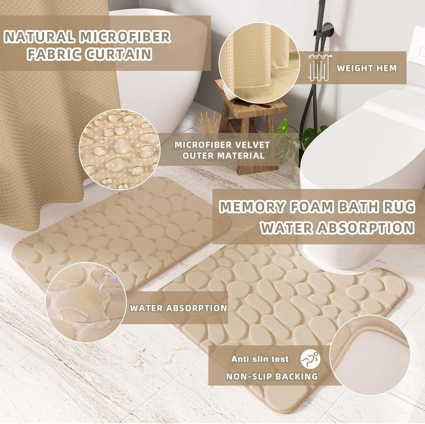 Bathroom Accessories Set - 25PC Bathroom Sets with Shower Curtain and Rugs, Beige Bathroom Set with Trash Can, Soap Dispenser, Soap Dish & Toilet Brush