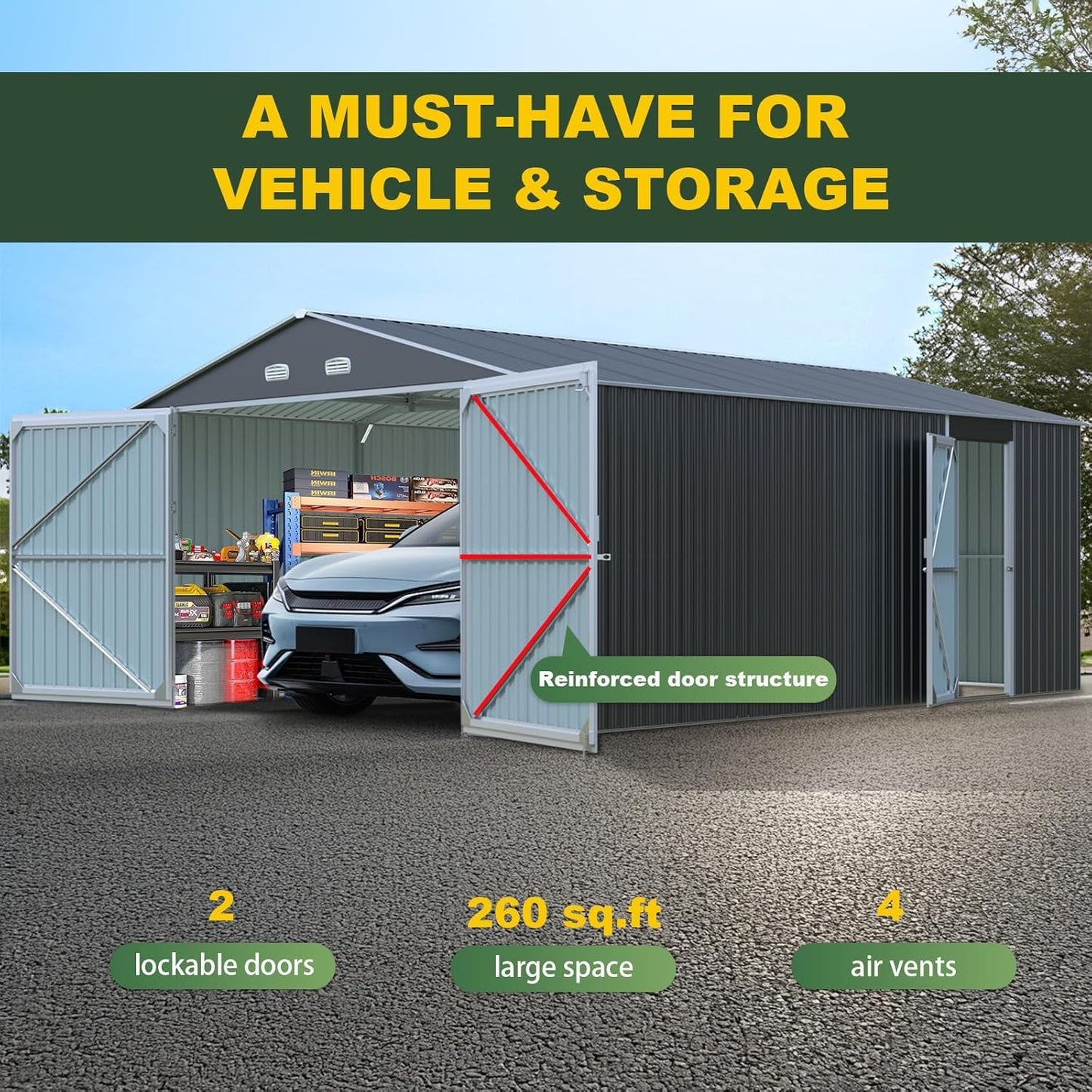 Outdoor Storage Shed 20x13 FT, Sheds & Outdoor Storage Clearance - Metal Garage Shed for Car, Truck, Bike, Garbage Can, Lawnmower - Backyard Tool House Building with 2 Doors and 4 Vents