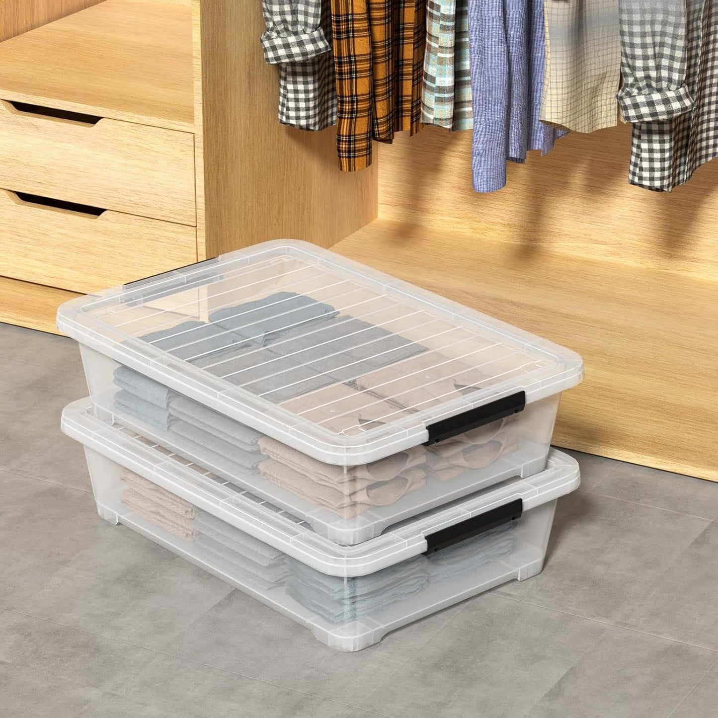 40 Quart Plastic Underbed Storage Boxes, Large Clear Storage Bin with Wheels, 4 Packs
