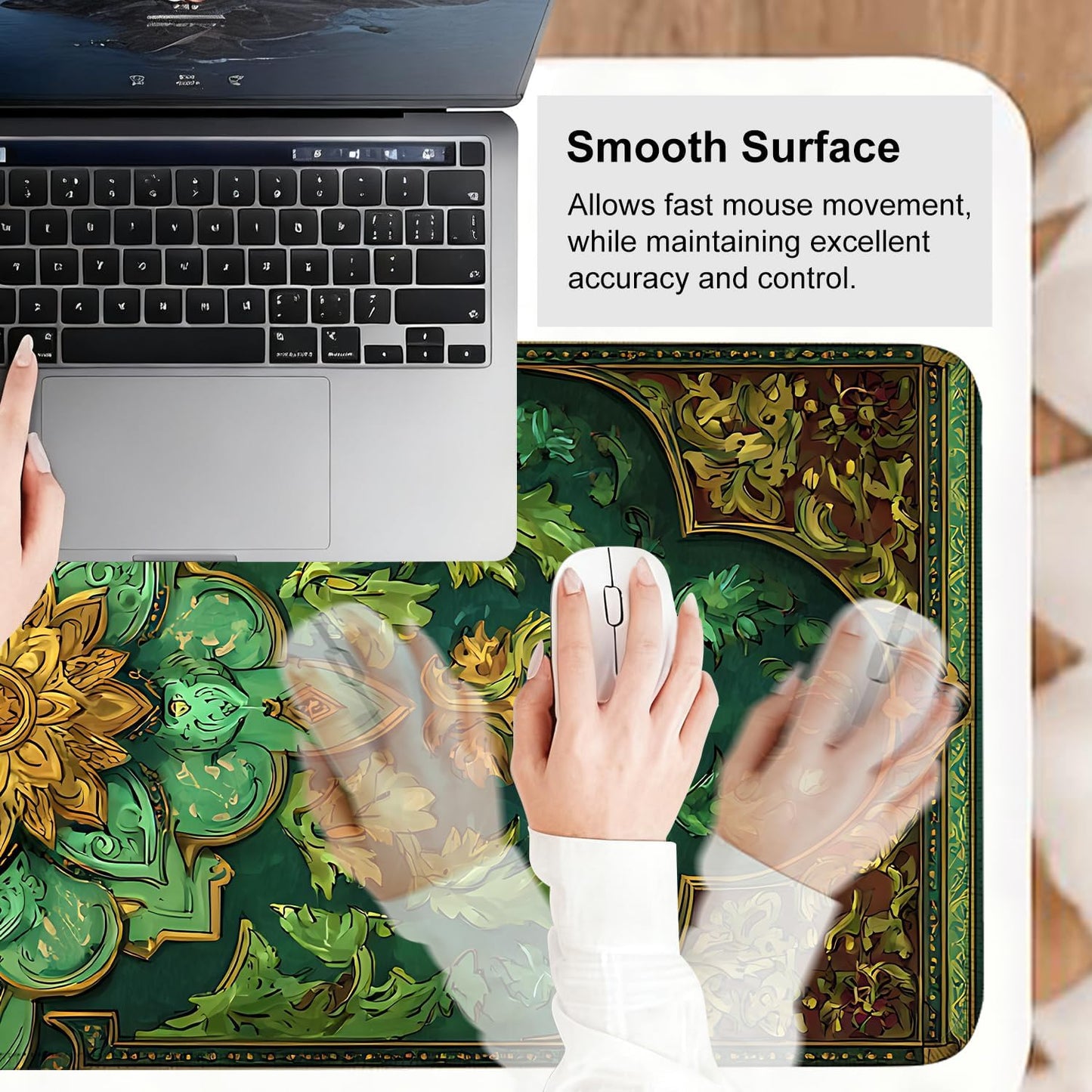 Green Vintage Floral Mouse Pad – Large Extended Desk Mat 31.5 x 11.8 in– Ornate Oriental Carpet Design with Gold & Emerald Motif, Keyboard & Mouse Pad for Office & Home