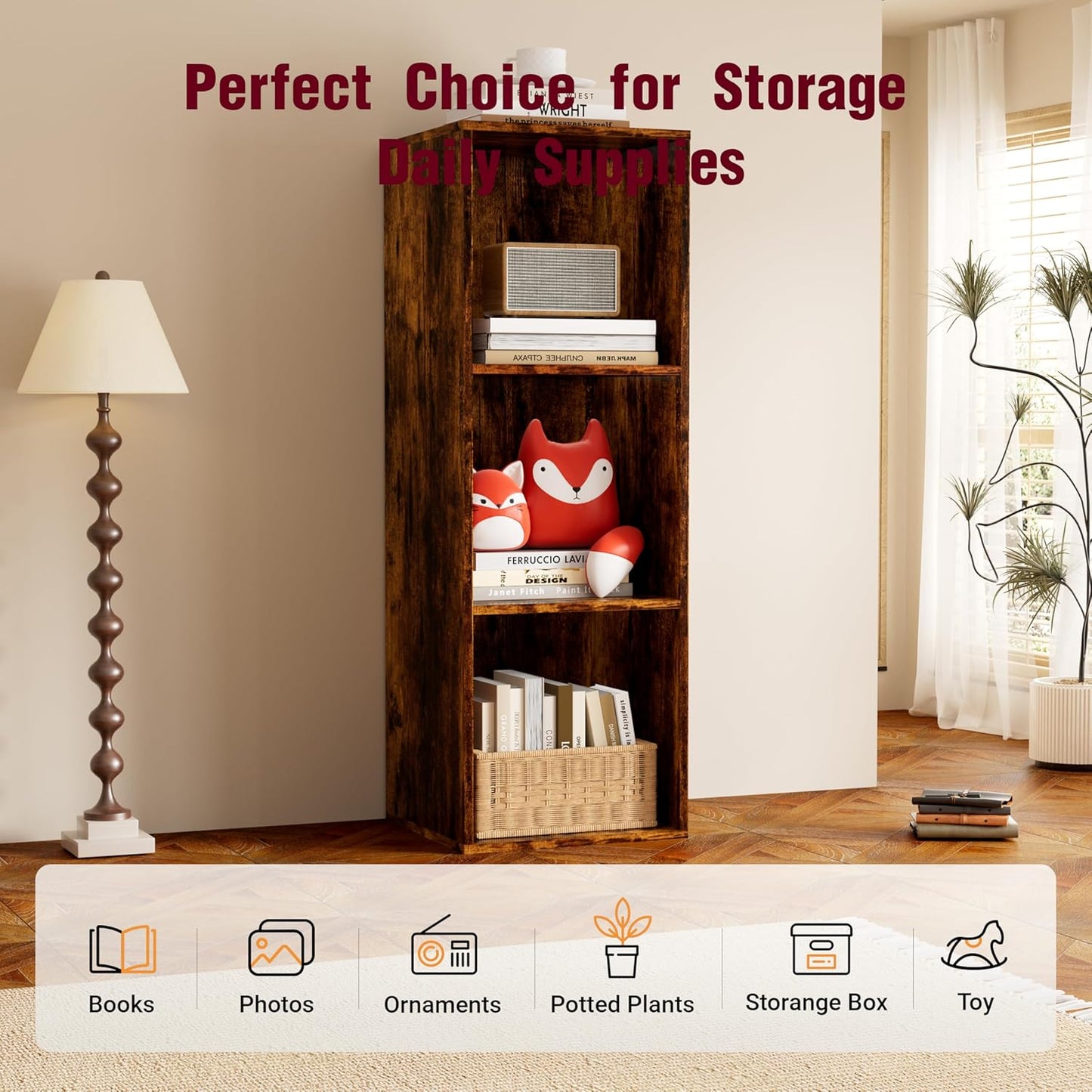 Book Shelf, Wooden Cube Storage Organizer with 11" Open Cubes, Stackable Bookcase for Room Divider Storage, 3 Tier Bookshelf for Living Room, Bedroom, Office (Indonesian Antique Oak, 3-Cube)