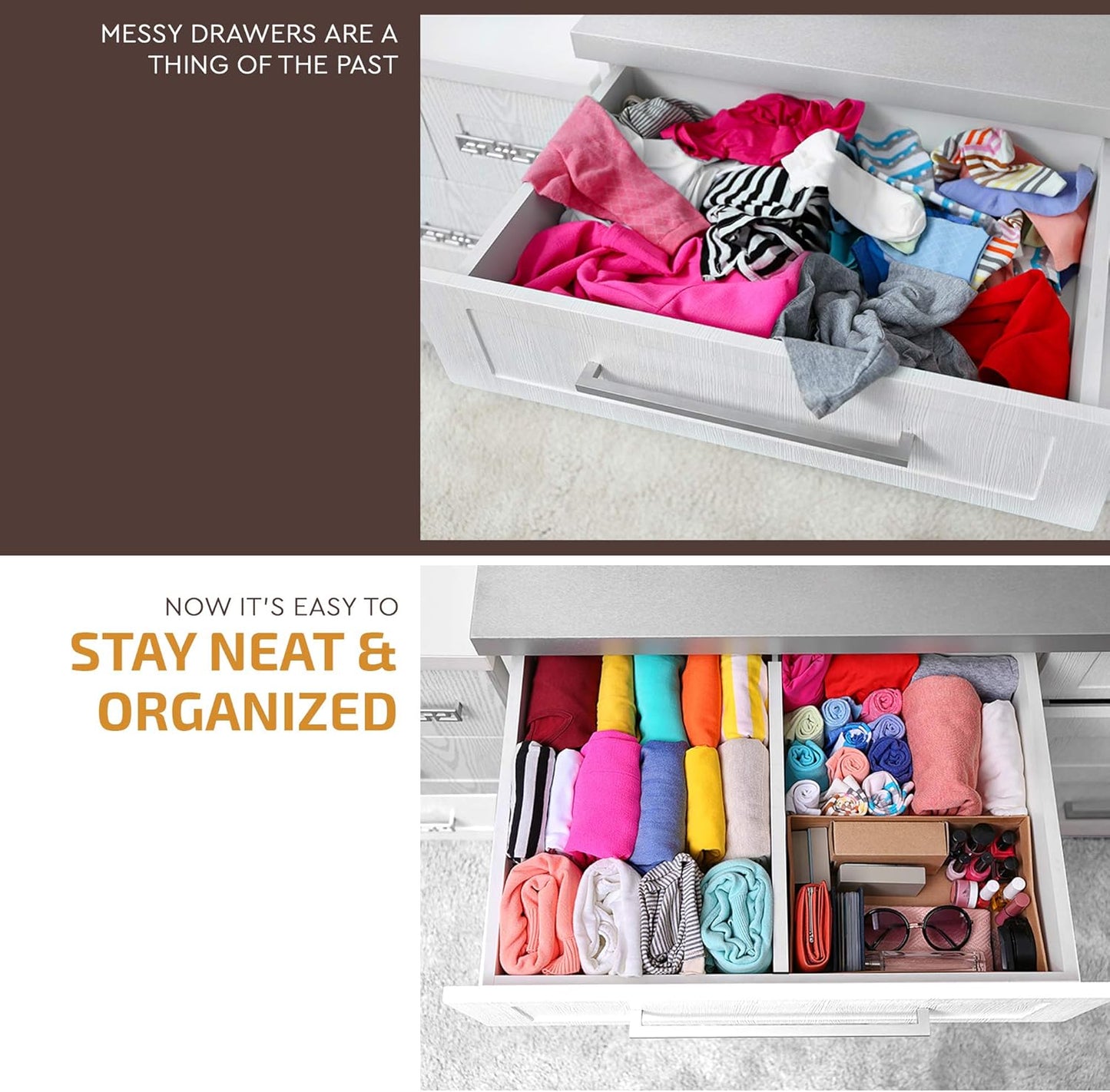 4-Pack Bamboo Drawer Dividers - 2.6" High, 12.5"-17" Adjustable Drawer Organizers for Clothes, Expandable Dresser Separators in Bedroom/Bathroom/Kitchen/Office Organization and Storage (White)
