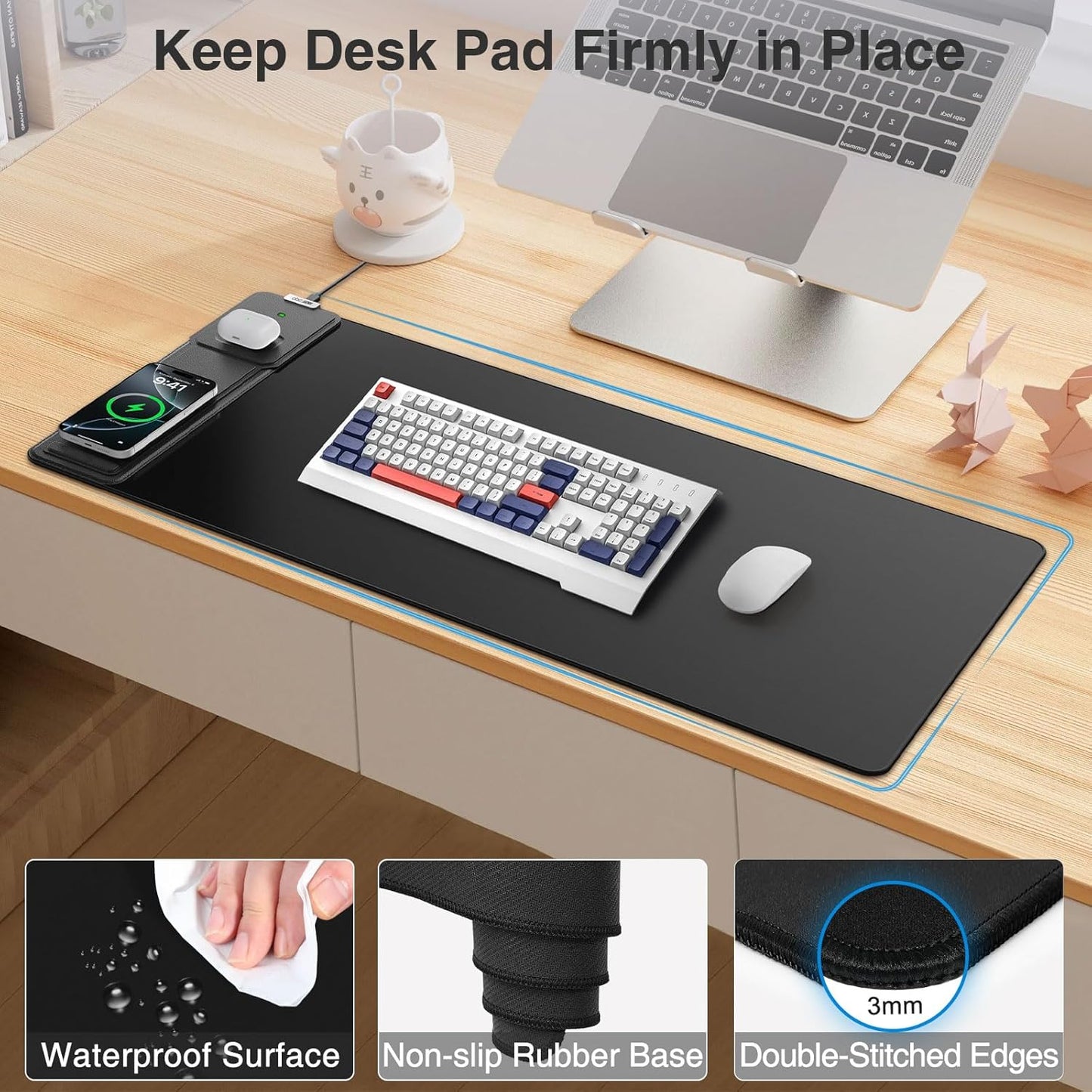 Wireless Charging Mouse Pad with Foldable Phone Holder, 31.5"x15.8" Extended Desk Mat for Laptop/Keyboard, Waterproof Ultra-Smooth Surface, Non-Slip Base & 20W PD Adapter, Black