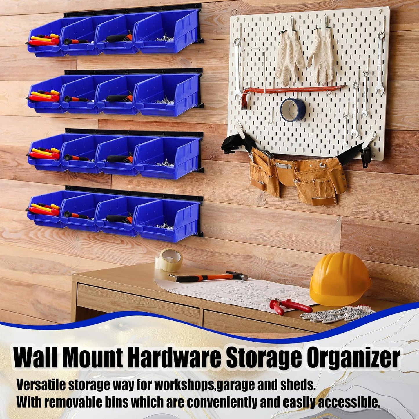 Maitys Wall Mounted Storage Bins Plastic Hanging Stackable Storage Parts Garage Tool Organizer for Screws, Nuts, Bolts, Nails, and Small Hardware Parts, 16x Bins & 4 x Rails(Blue)
