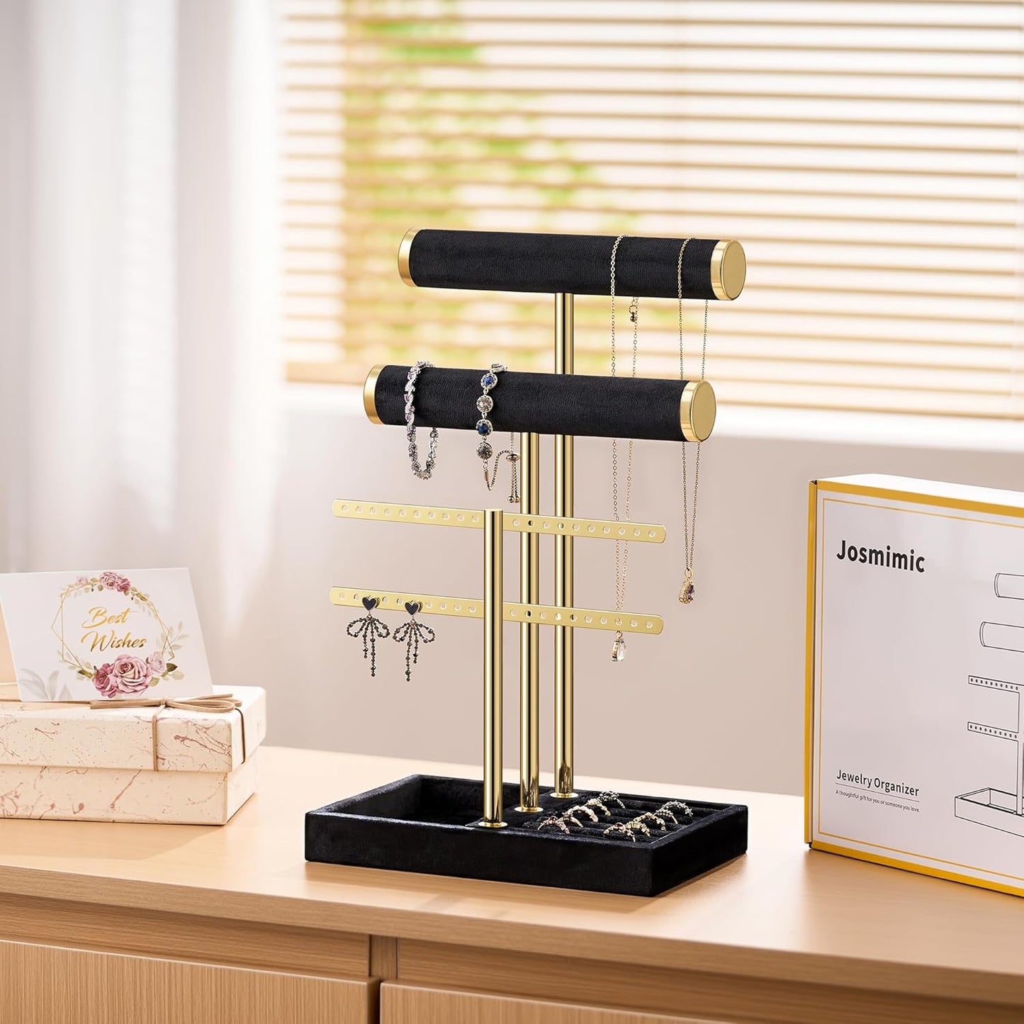 Bracelet Holder Jewelry Organizer Display - 3 Tier T Bar Velvet Stand, Black Jewelry Storage for Bracelet, Necklaces, Earrings, Rings, Watches