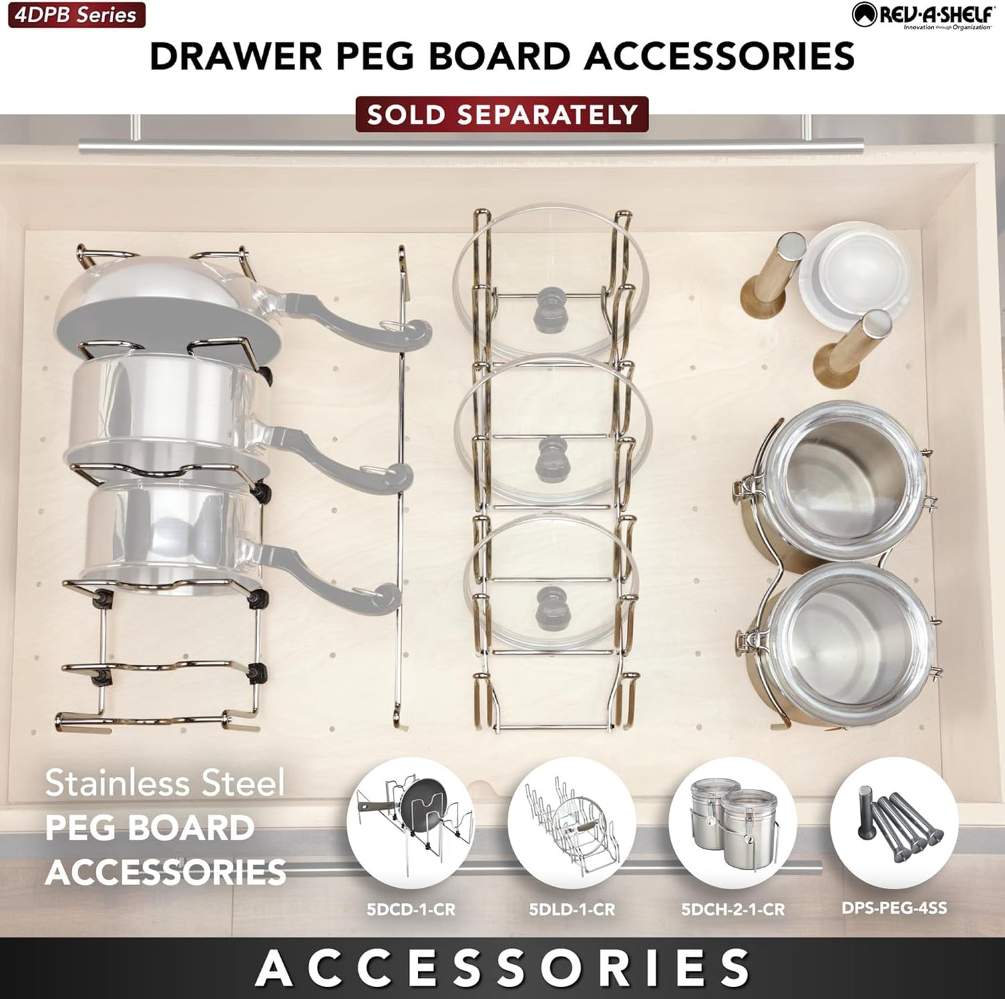 Rev-A-Shelf Trimmable Pegboard Drawer Divider Organizer, Trim to Fit Wooden Kitchen Cabinet Storage Utensil, Pots & Dish Rack, 30" x 21", 4DPS-3021