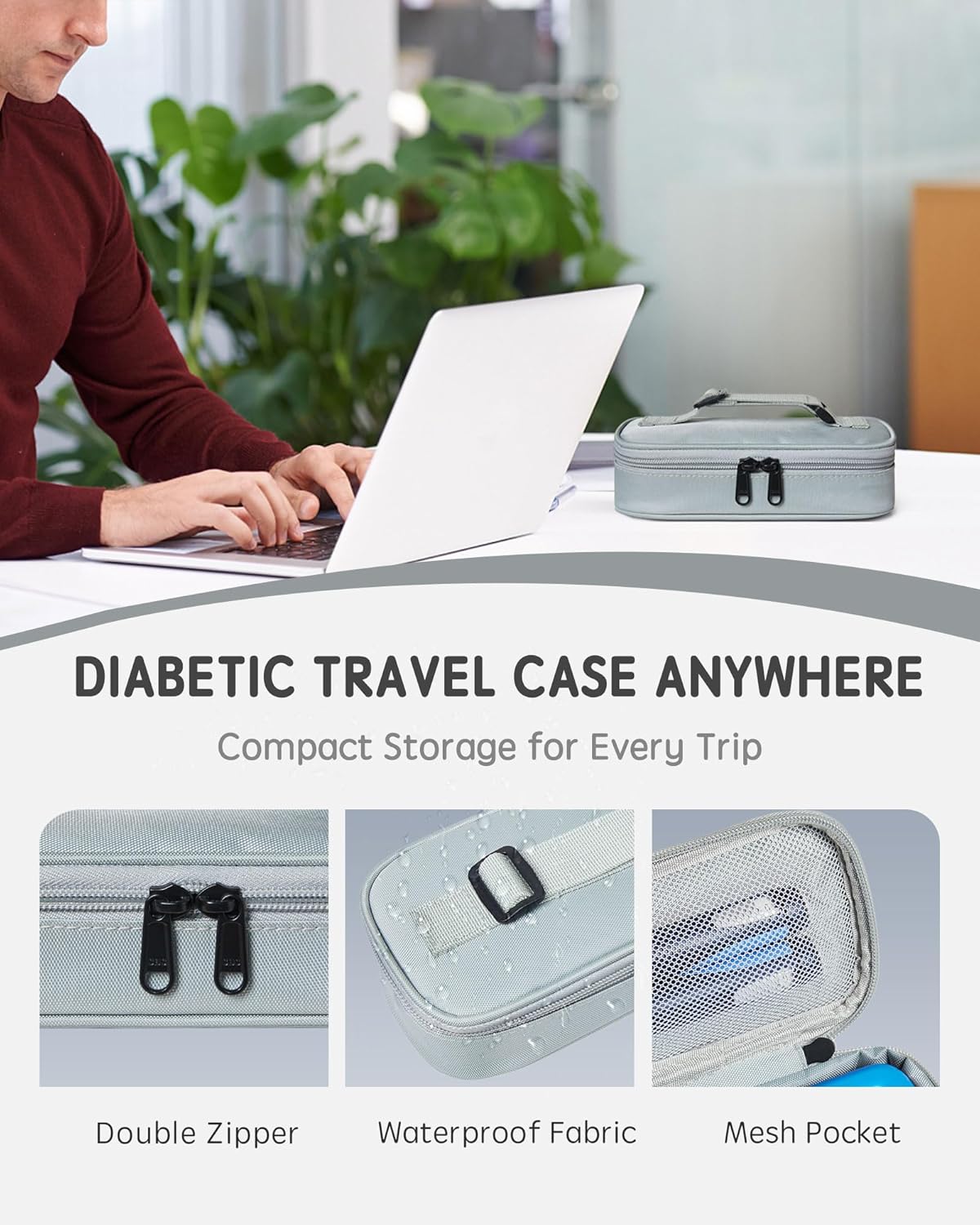 Insulin Vial Cooler Travel Case TSA Approved 300g Reusable Ice Brick Insulin Pen Case Holds 2 Pens and 2 Vials Long Lasting Medicine Cooler for Travel Camping and Outdoor Activities (Gray)