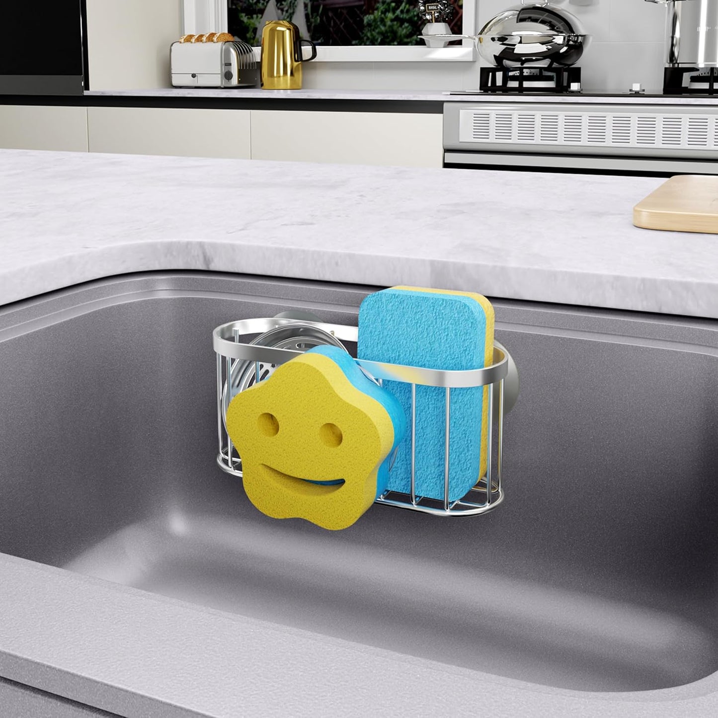 HapiRm Sink Caddy Sponge Holder - 2 Installation Ways Kitchen Sink Organizer with Smiley Face Sponge Holder, Stainless Steel Kitchen Caddy - Silver