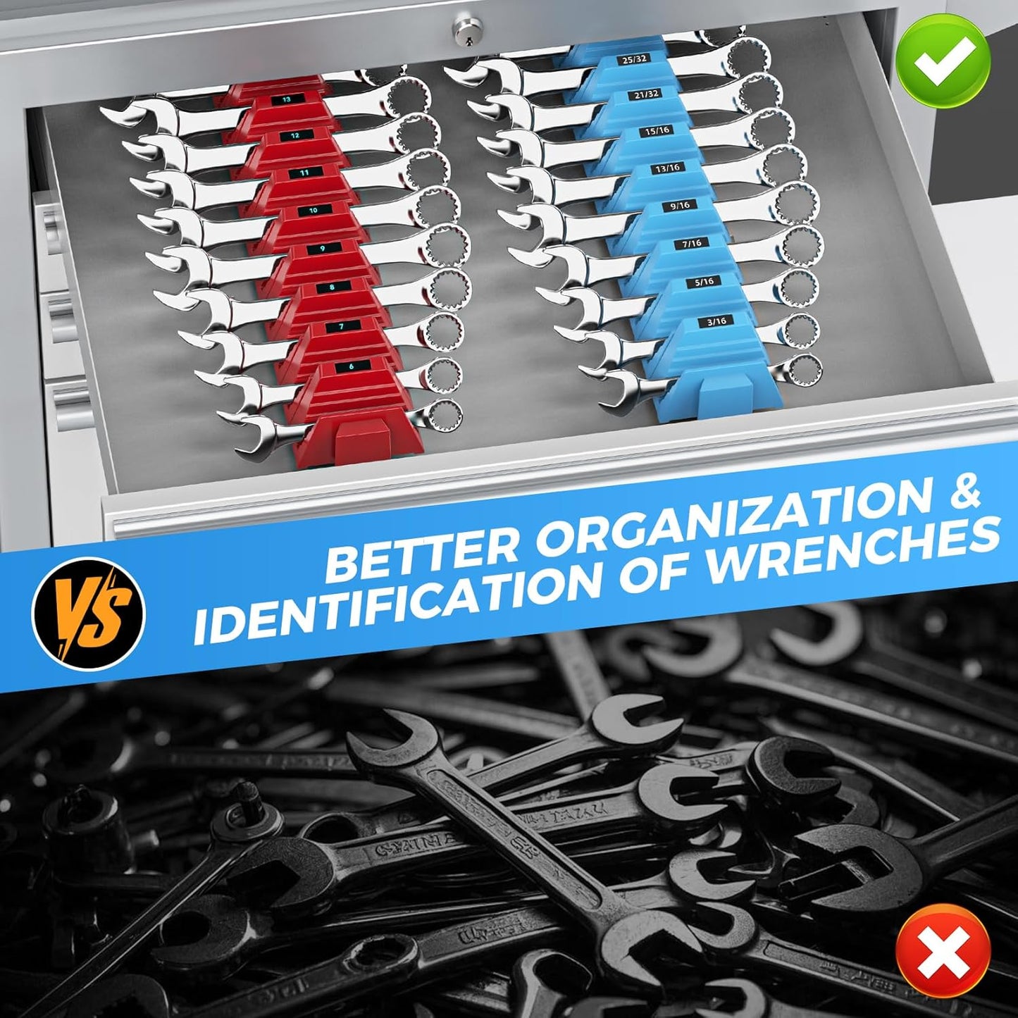 48PCS Magnetic Modular Wrench Organizers for Tool Drawers - Red & Blue - Wrench Rack with Metric & SAE Labels, Customizable Magnet Tool Storage Holder for Tool Box Organization