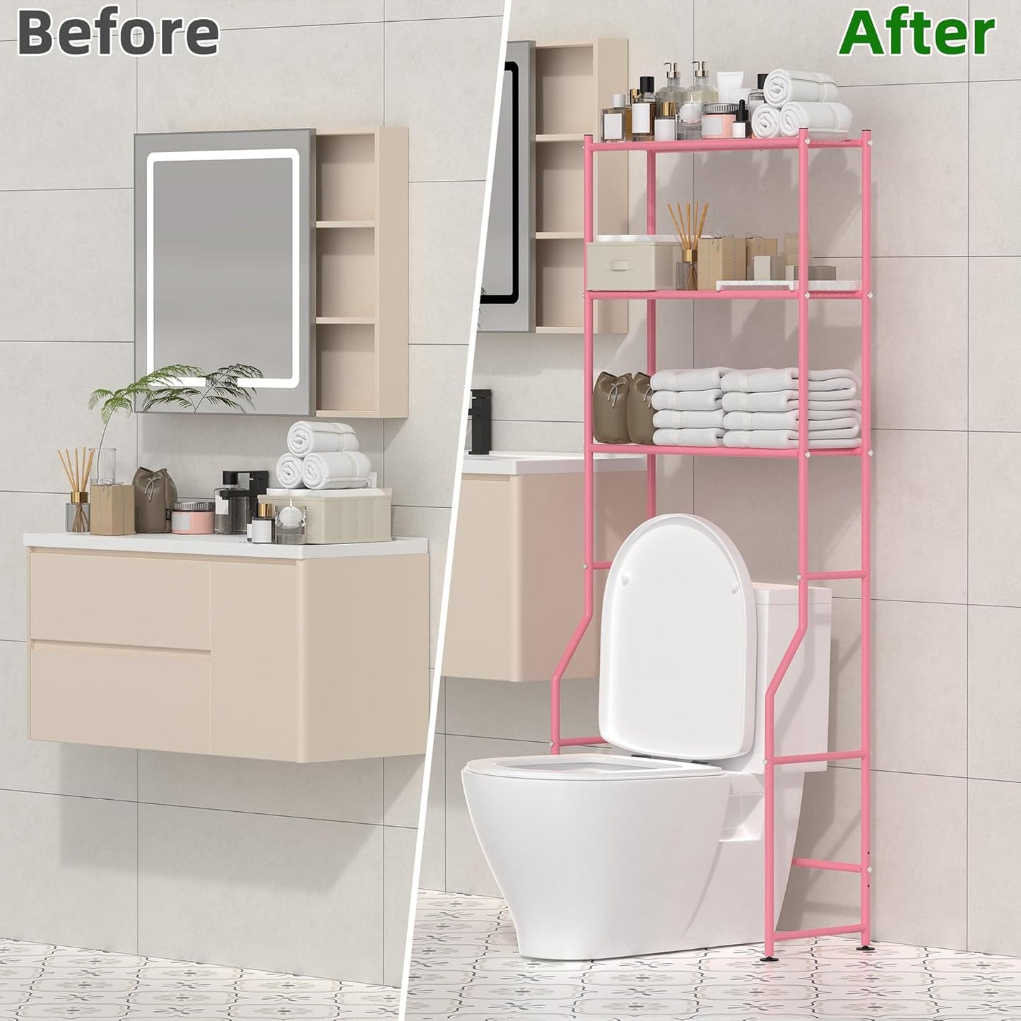 3-Tier Over The Toilet Storage, Freestanding Metal Bathroom Shelves, Space Saver Above The Over Toilet Storage Shelf for Bathroom (Pink)
