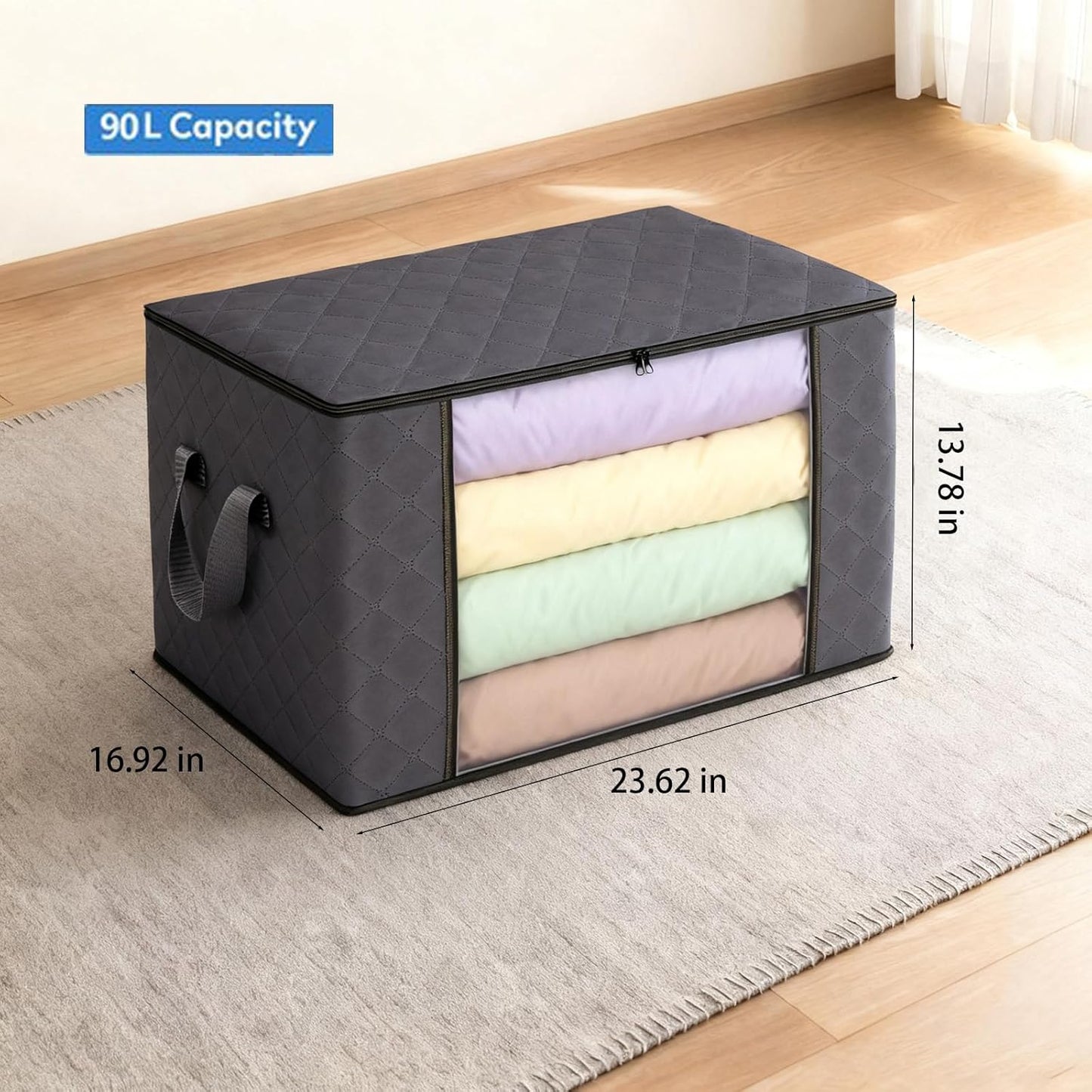 Clothes Storage Bags with Zipper, Foldable Clear with Lids and Handle, For Blanket Clothes Comforter Closet Organization, 3-Pack, 90L, Grey