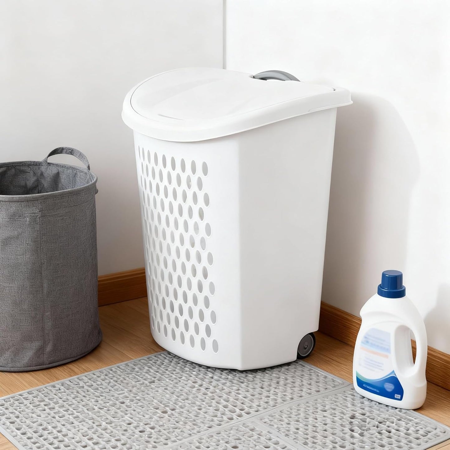 Large Capacity Laundry Basket with Wheels and Telescopic Handle - Ventilation Holes for Freshness - Portable Laundry Hamper for Apartments Dorm Rooms - White