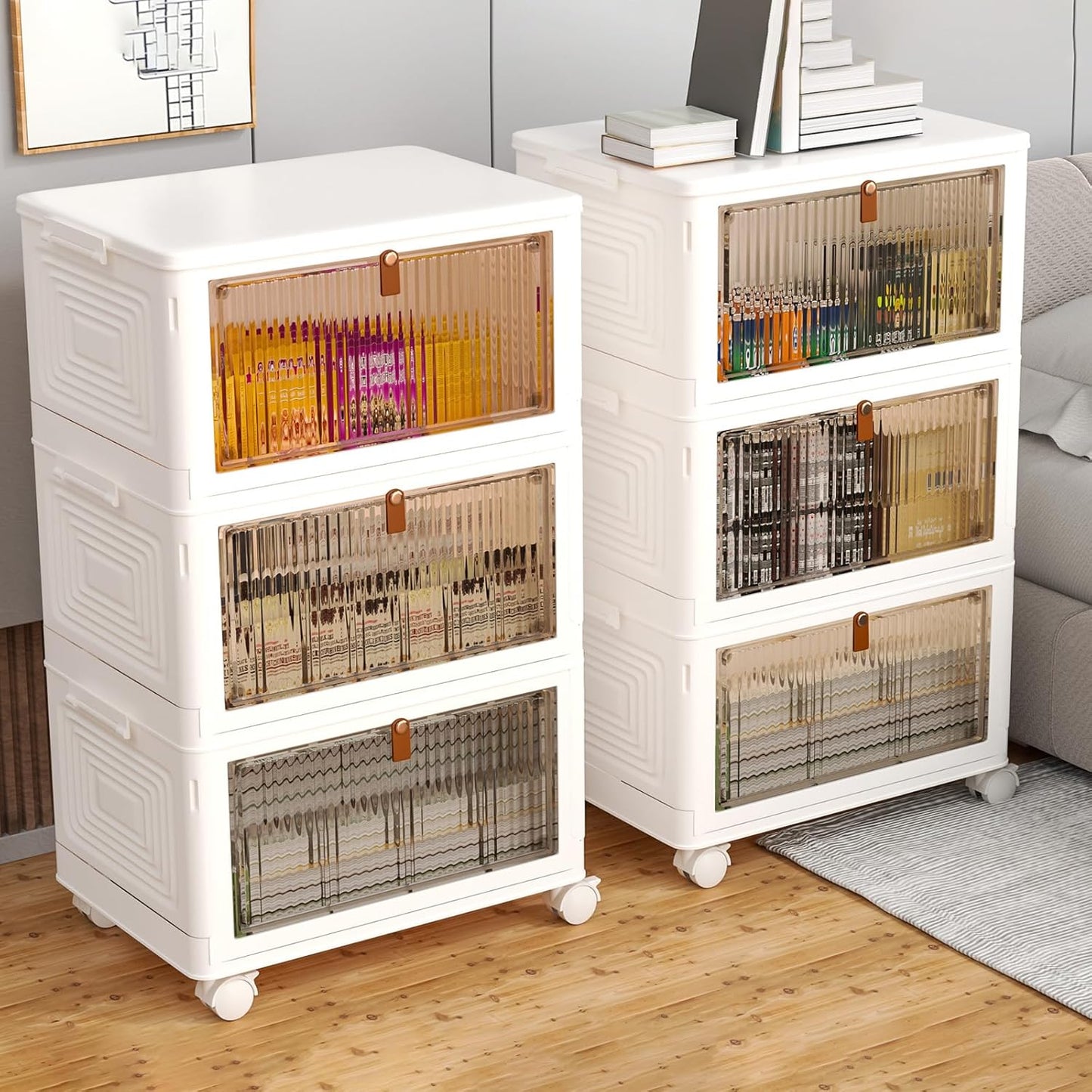 3 Tier Plastic Storage Bins with Lids 35QT, Stackable Storage Containers with Wheels, Folding Storage Boxes, Collapsible Storage Bins, Closet Organizers and Storage for Living Room,Office,Dorm