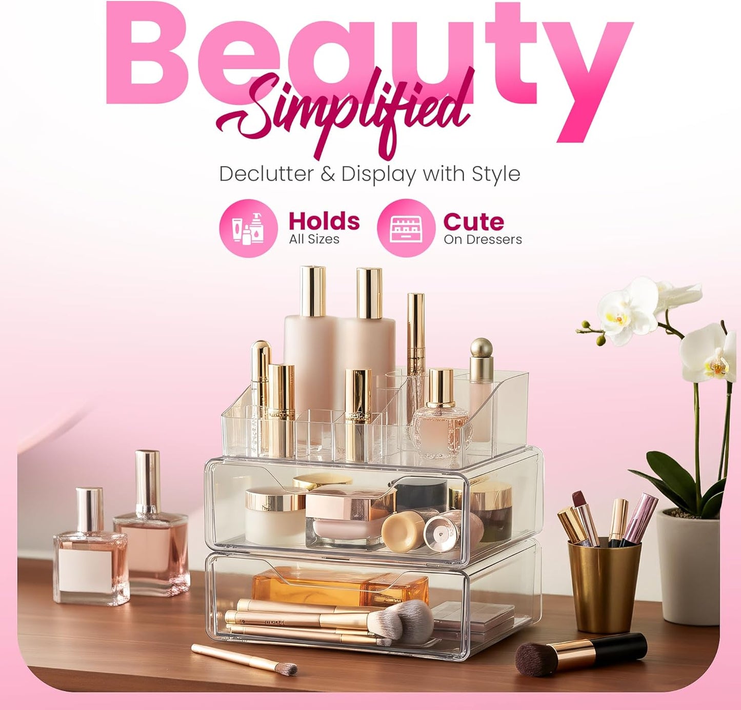 Clear Makeup Organizer - Acrylic Cosmetic Vanity Storage Organizers for Girls Dresser, Bathroom, Desk Counter - Plastic Make Up Holder, Jewelry Box (2-Drawer | Multi Compartments)