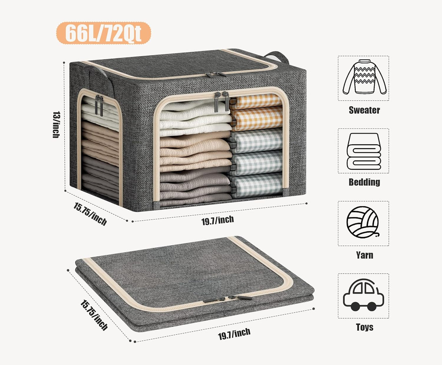 3 Opeings Large Clothes Storage Bins with Metal Frame, Foldable Storage Bin for Clothes, Clothing Storage Bins with Lid, Linen Storage Box With Clear Window& Zippers& Handles.(3 Pcs,Dark Grey,66L)
