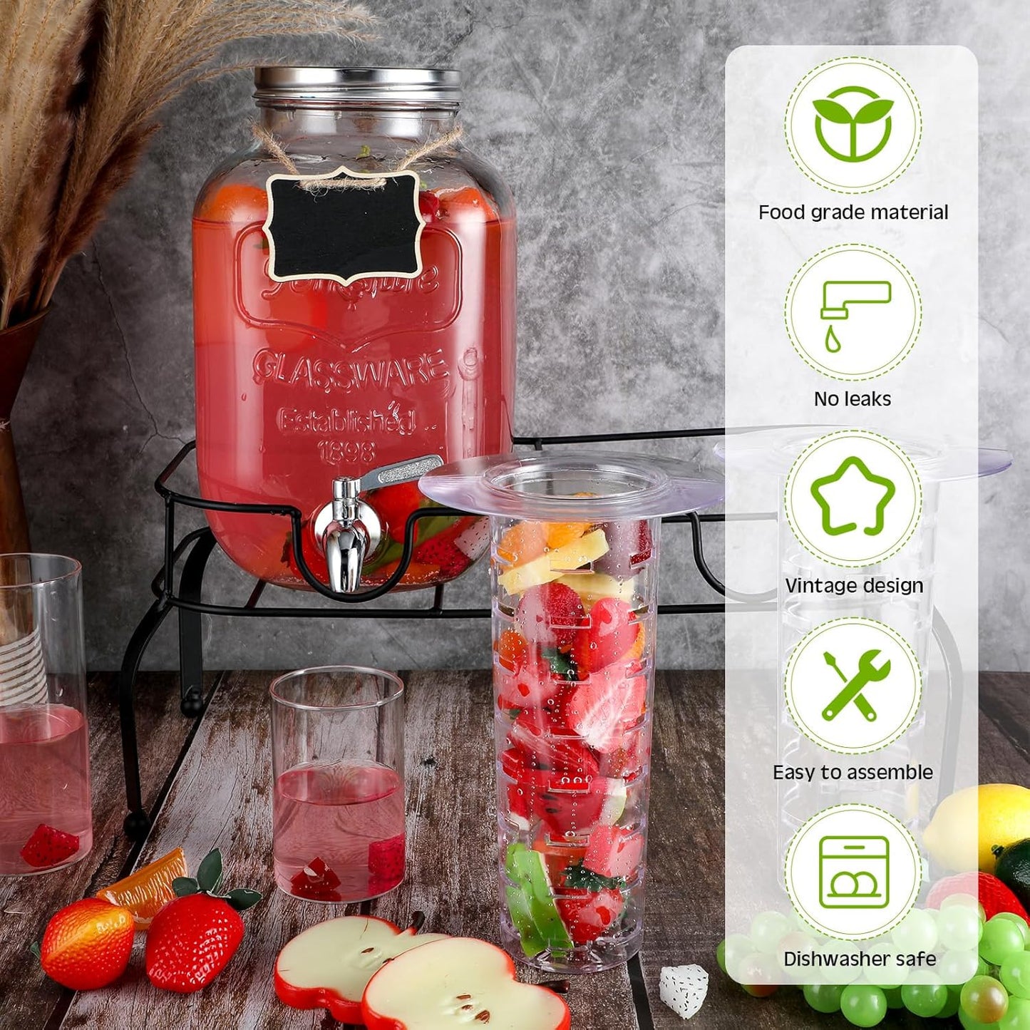 Lallisa 2 Pcs 2 Gallon Glass Drink Dispenser with Stand Ice Cylinder Hanging Chalkboard Signs 18/8 Stainless Steel Spigot Beverage Dispensers for Parties Mason Jar Drink Lemonade (Silver Spigot)