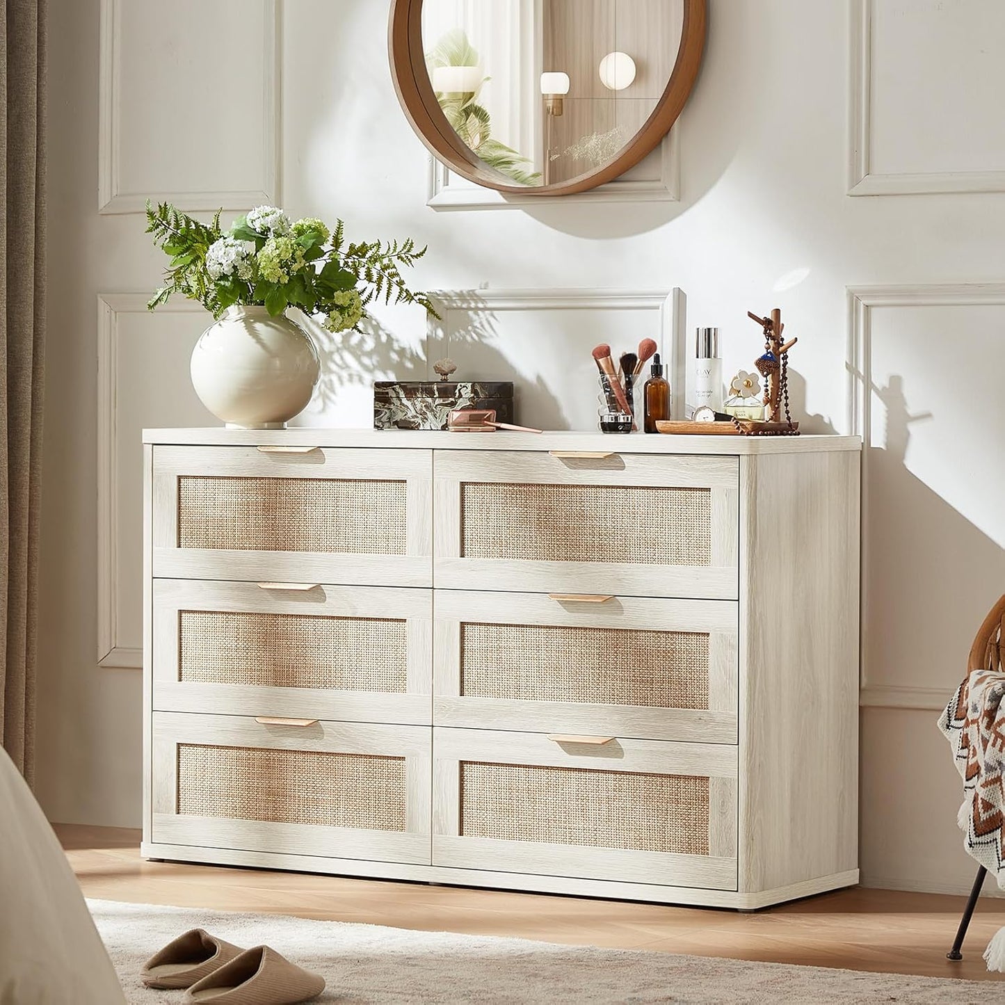 LEYAOYAO Rattan 6 Drawer Dresser for Bedroom, Boho 48" Wide White Dresser Chest of Drawers, Dressers TV Stand with Metal Handle, Storage Dressers Closet Organizer for Living Room, Hallway