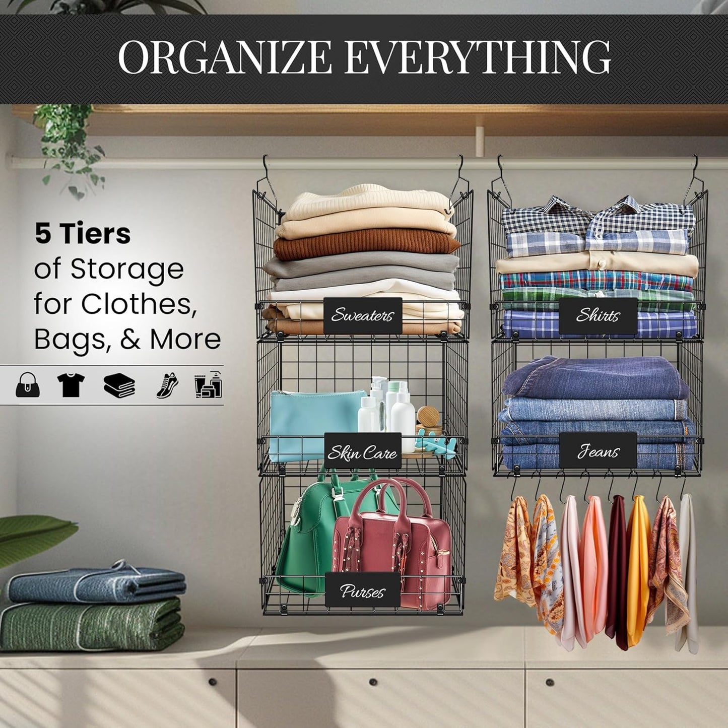 DECOLURE 5-Tier Adjustable Hanging Closet Organizer – Maximize Hanging Storage w/ 4 Hanging Hooks, 8 S Hooks & 5 Name Plates - Sturdy Foldable Wire Storage Hanging Shelves for Clothes, Towels (Black)